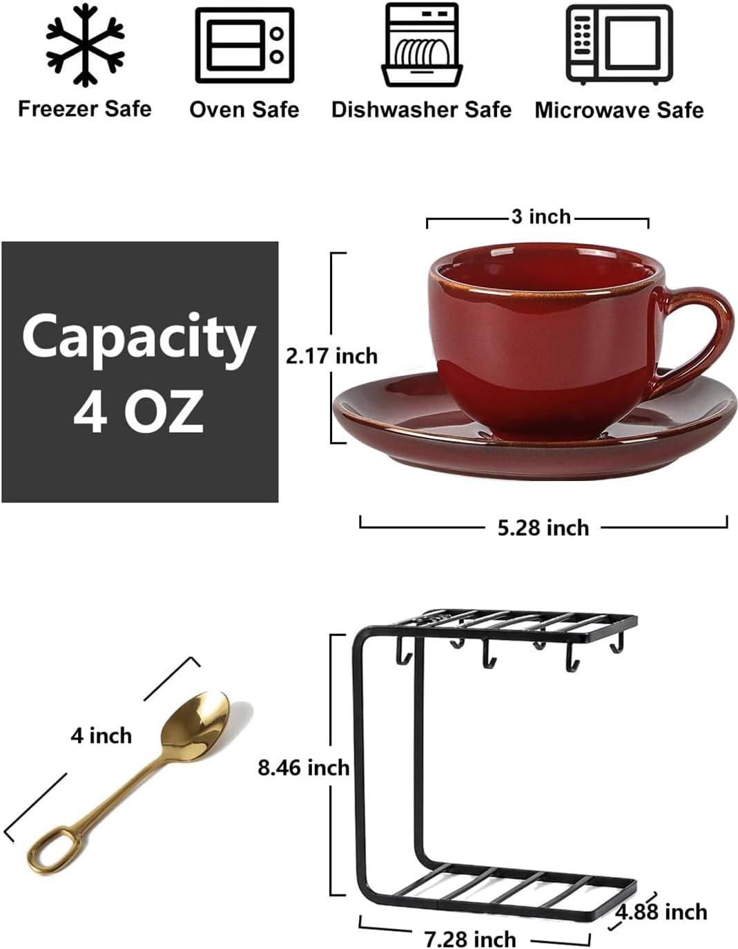 vicrays Ceramic Espresso Coffee Cups Set 4 oz Porcelain Espresso Cups with Saucers Spoons and Metal Stand for Tea Cafe Cappuccino Latte - Set of 6 - Cherry Red