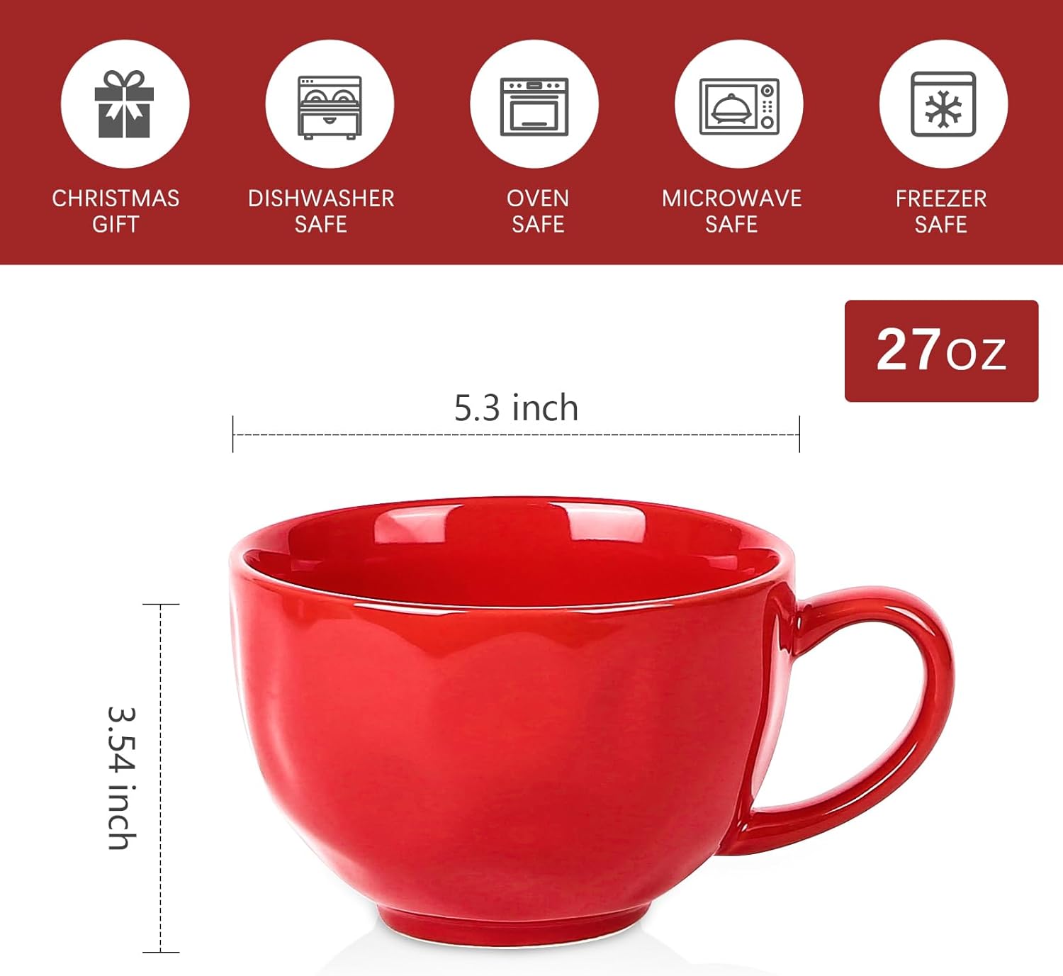 vicrays Jumbo Soup Mug Coffee Large - 27 oz Ceramic Wide Oversized Extra Big Handle Bowls Latte Friends Mug Set Gaint Cereal Oatmeal Cappuccino Cup Set of 4 - Red