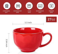 vicrays Jumbo Soup Mug Coffee Large - 27 oz Ceramic Wide Oversized Extra Big Handle Bowls Latte Friends Mug Set Gaint Cereal Oatmeal Cappuccino Cup Set of 4 - Red