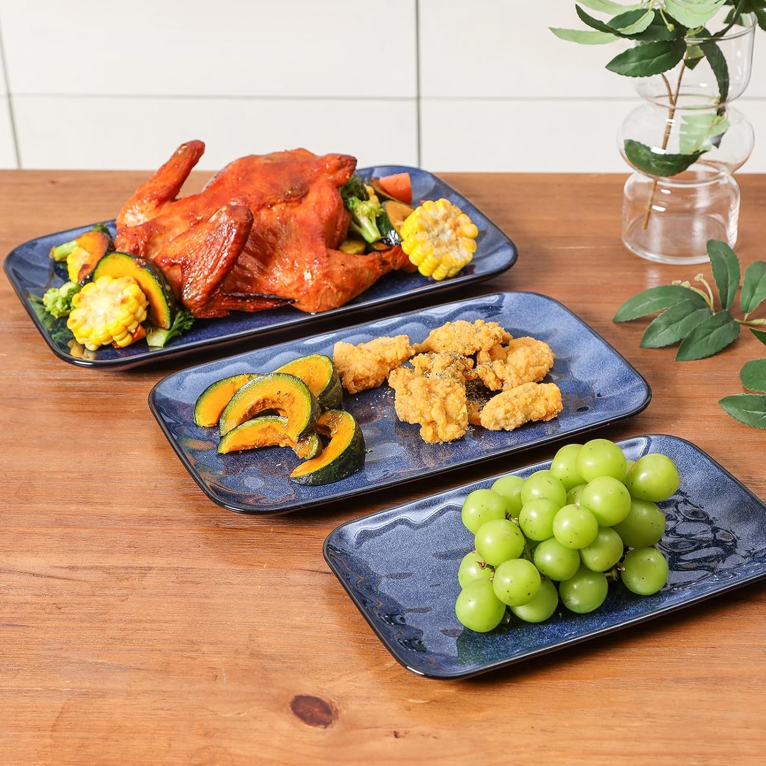 vicrays Keramik Rechteck Servierplatten - 35,5 cm, 30,5 cm, 25,4 cm Porzellan Servierplatten Teller für Party BBQ Vorspeisen Sushi Dessert - Mikrowellen- und Spülmaschinenfest - 3er-Set Blau