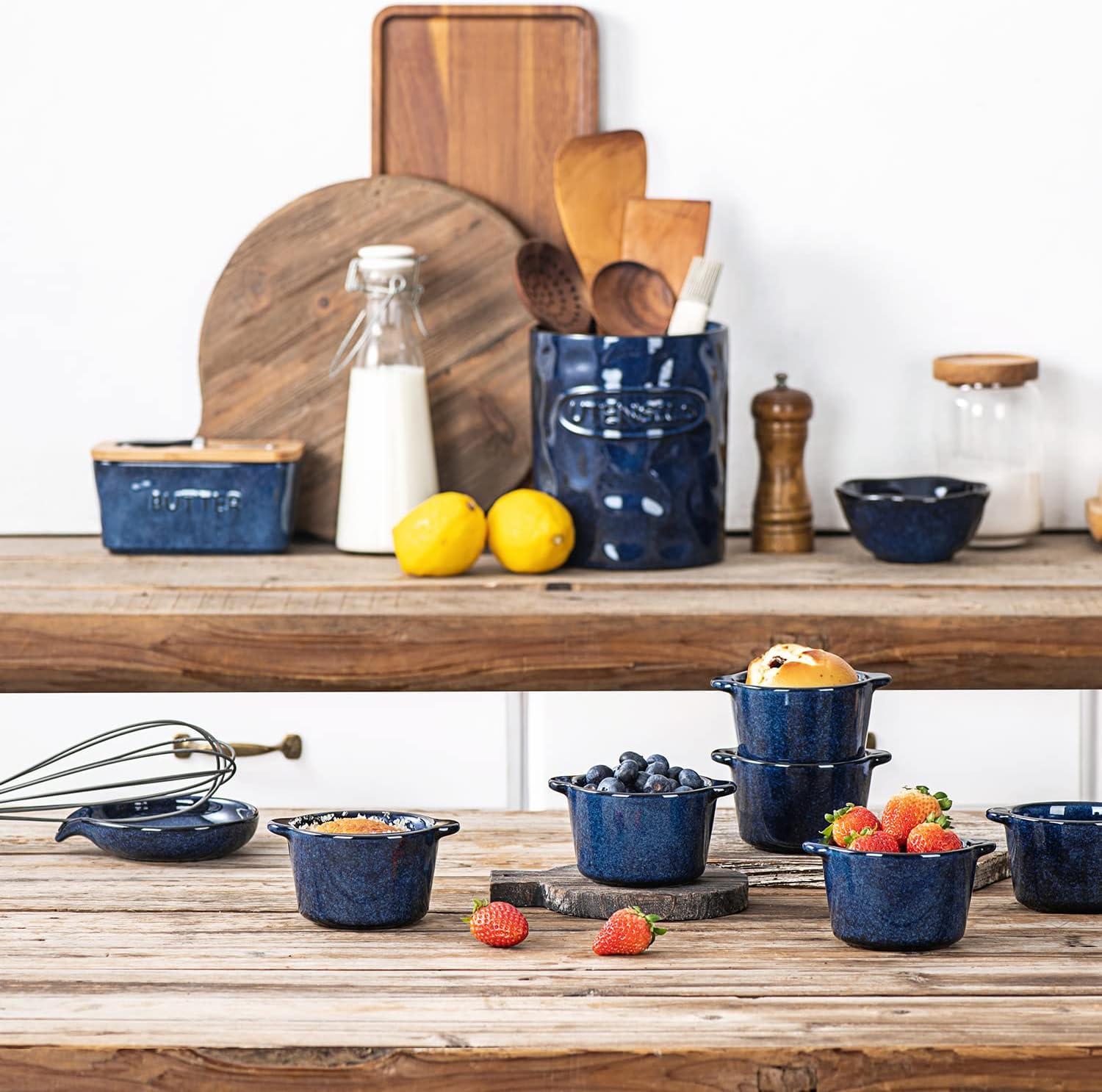 Creme Brulee Ramekins Ceramic Bowls - VICRAYS Mini Custard Cups 6 oz oven Safe Bowls Souffle Dishes for Baking Individual Casserole Dipping Sauce Pioneer Woman Bakeware Set of 6, Blue