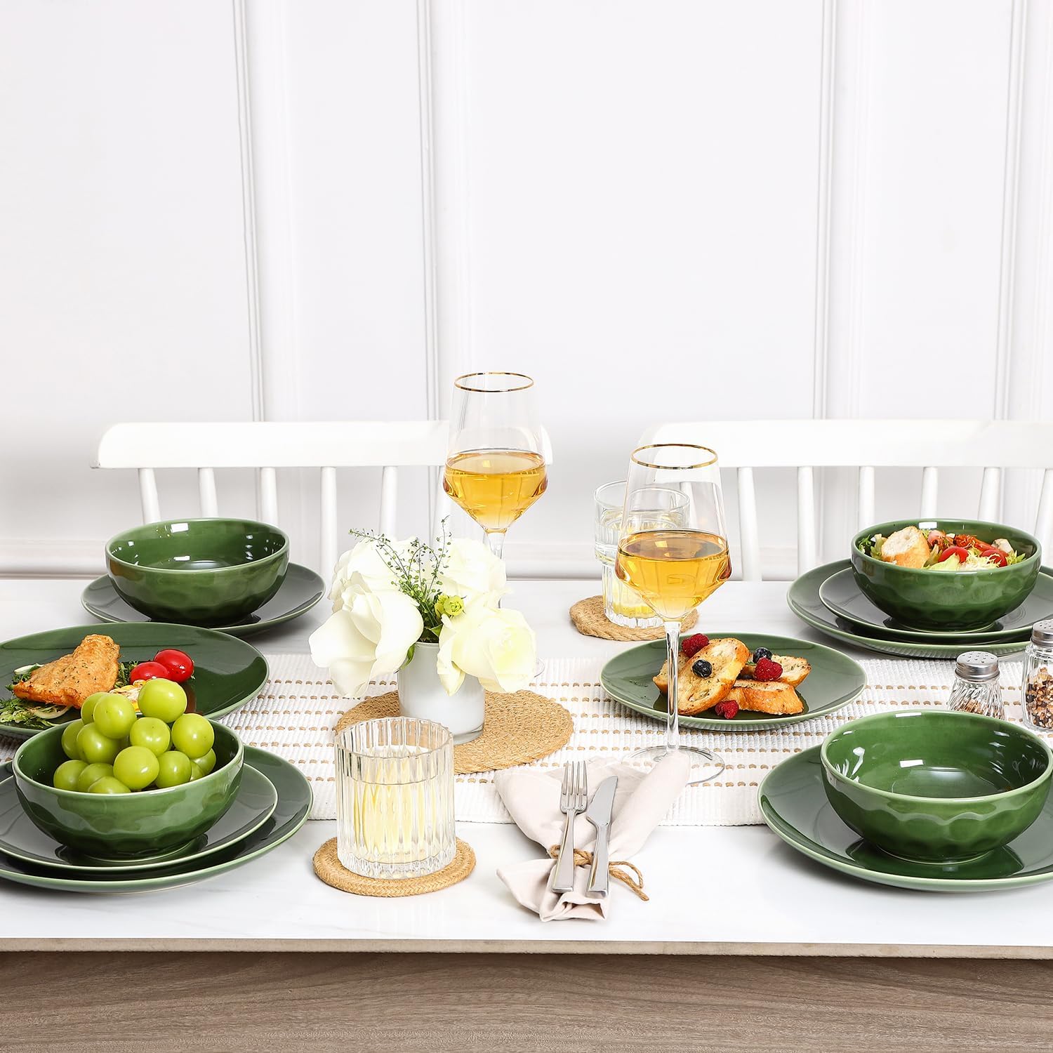 vicrays Ceramic Salad Bowls Set for Kitchen, Serving - 26 Ounce Soup Bowls, Pasta Bowls, Chip Resistant, Dishwasher Microwave Safe, Large, Fluted, stoneware, Set of 6 (Green)