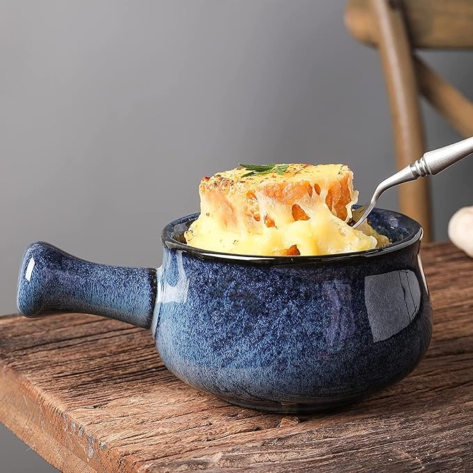 vicrays Französische Zwiebelsuppenschalen mit Griffen, 740 ml für Suppe, Chili, Rindfleischeintopf, bruchsicher, spülmaschinen- und mikrowellengeeignet, 4er-Set (Blau)