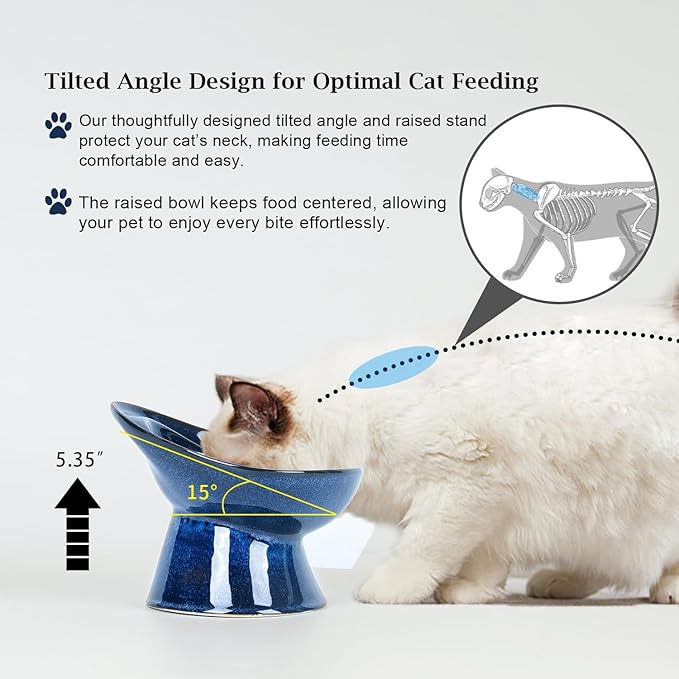 Vicrays Ceramic Cat Bowl Set - Cat Food Feeding Bowls for Indoor Cats, Whisker Friendly Cute Cat Dish Plates, Microwave &amp; Dishwasher Safe, 2 Pack, 11 oz, 6.4 inch, Blue