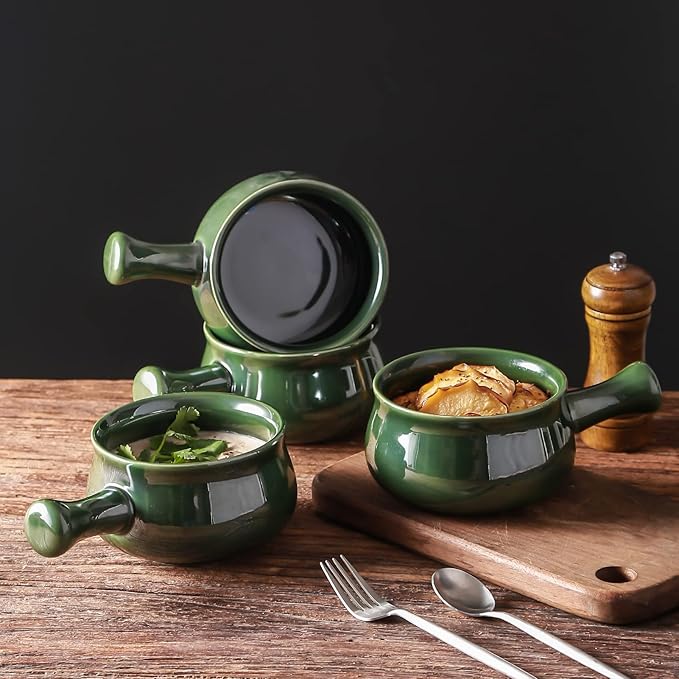 vicrays French Onion Soup Bowls With Handles, 26 Ounce for Soup, Chili, Beef Stew, Chip Resistant, Dishwasher Microwave Safe, Set of 4 (Green)