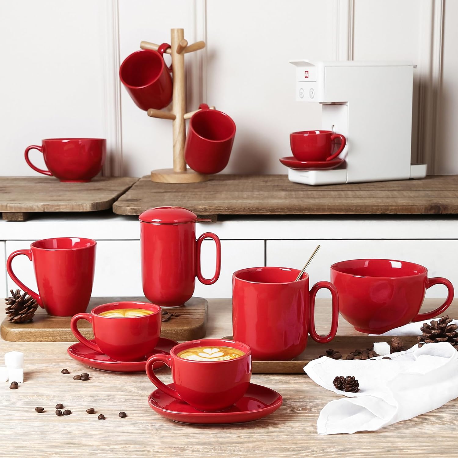 vicrays Jumbo Soup Mug Coffee Large - 27 oz Ceramic Wide Oversized Extra Big Handle Bowls Latte Friends Mug Set Gaint Cereal Oatmeal Cappuccino Cup Set of 4 - Red