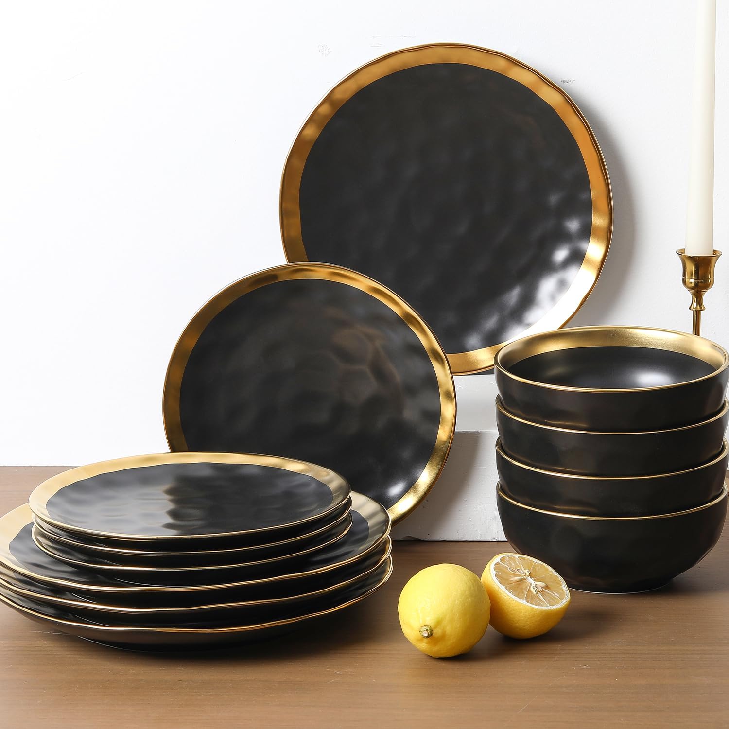 vicrays Ceramic Dessert Salad Plates, 8 Inch, Set of 6, Round, Dishwasher Safe, NOT Microwave Safe, Scratch Resistant, Suitable for Appetizer, Home, Restaurant (Black with Golden)