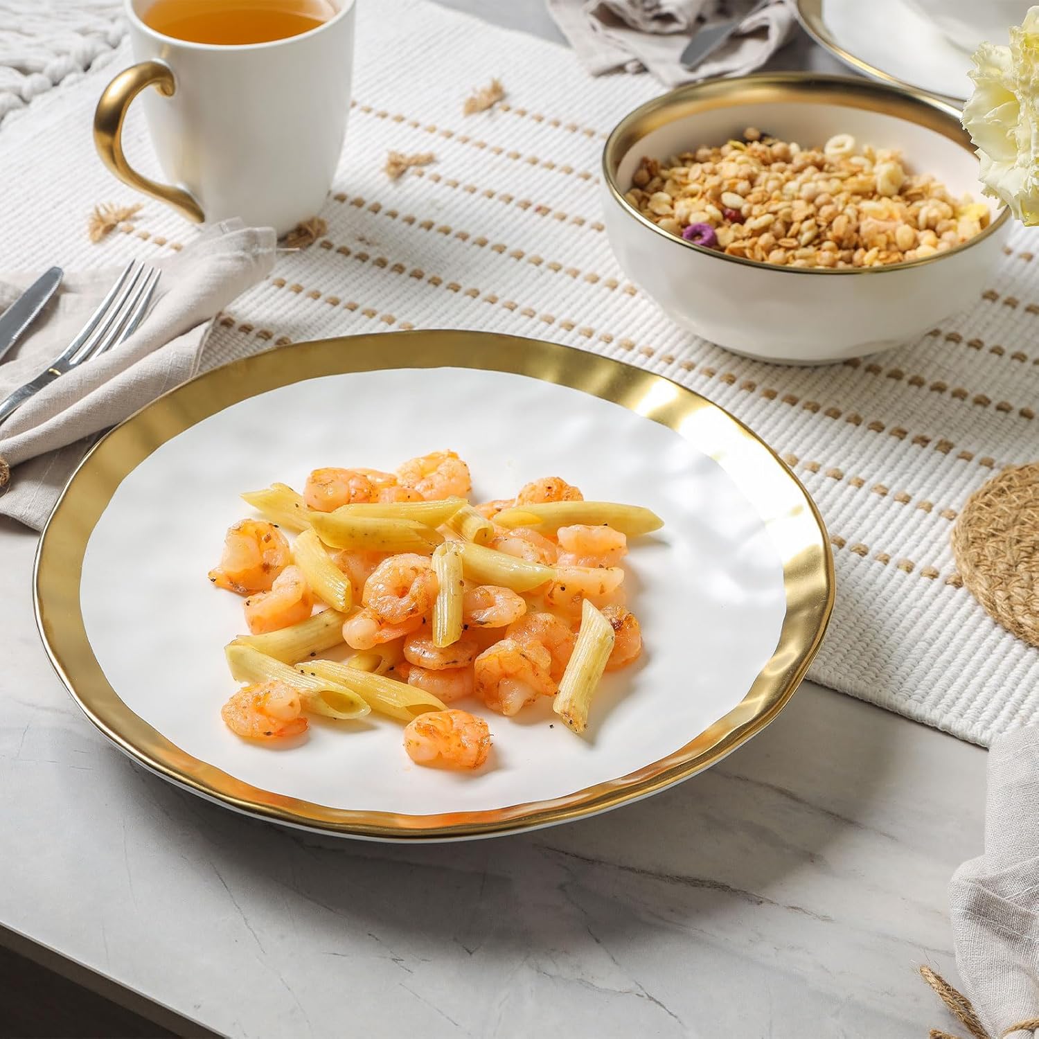Vicrays 12-Piece Ceramic Dinnerware Set, Dinner Plates, Salad Plates &amp; Cereal Bowls, Dish Set for 4, Microwave, Oven &amp; Dishwasher Safe, Scratch Resistant, White with Golden