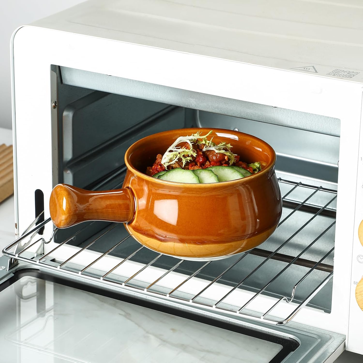 vicrays Französische Zwiebelsuppenschalen mit Griffen, 740 ml für Suppe, Chili, Gulasch, splitterfest, spülmaschinen- und mikrowellengeeignet, 4er-Set (Braun)