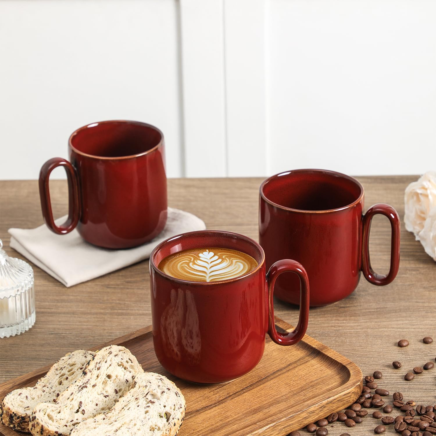 vicrays Ceramic Coffee Mug Set - 18 Ounce Large Stoneware Mug for Men Women - Unique Glazed Porcelain Mugs with Handle for Coffee Latte Tea Milk Cocoa - Set of 4 (Cherry Red)