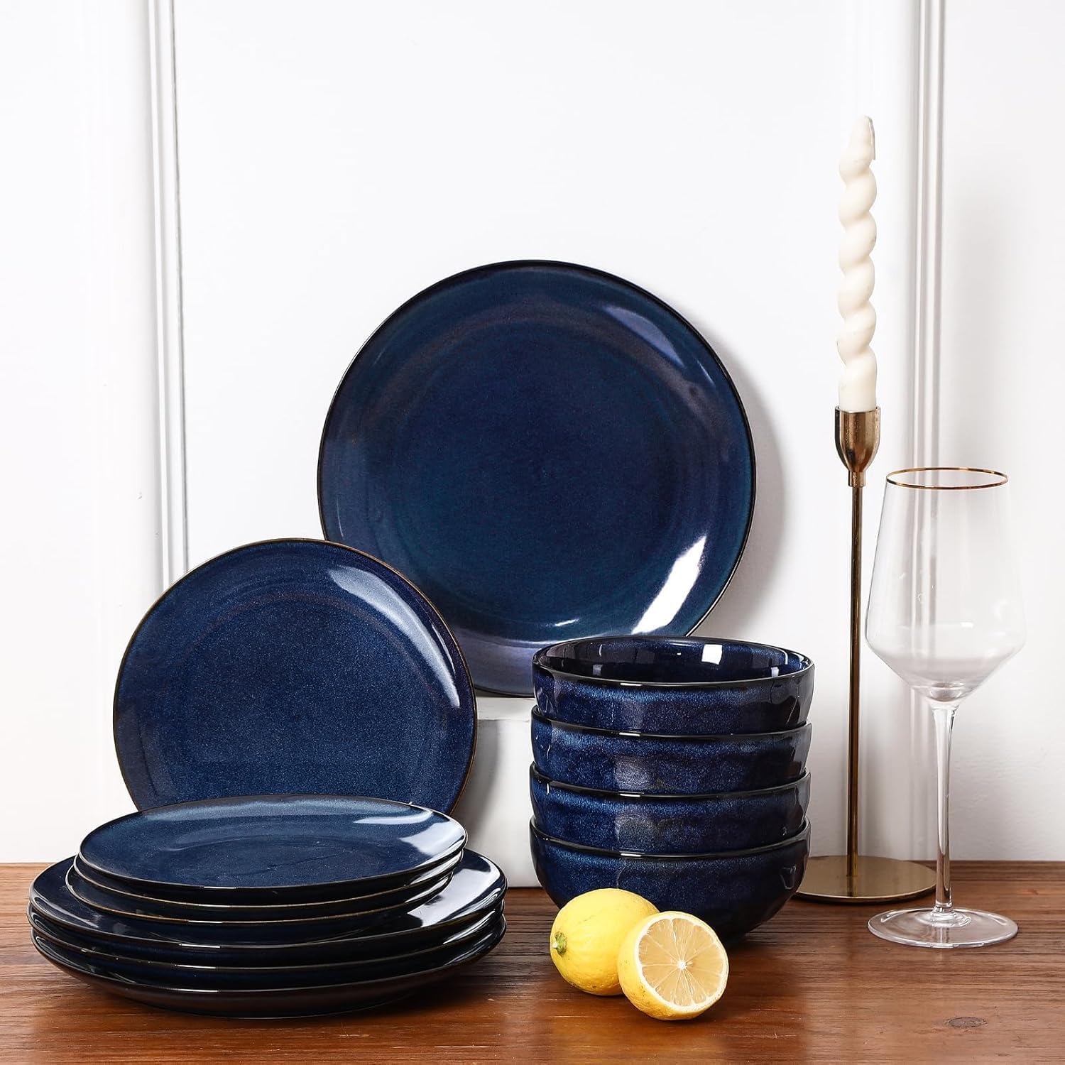 Vicrays 12-Piece Ceramic Dinnerware Set, Dinner Plates, Salad Plates &amp; Cereal Bowls, Dish Set for 4, Microwave, Oven &amp; Dishwasher Safe, Scratch Resistant, Blue