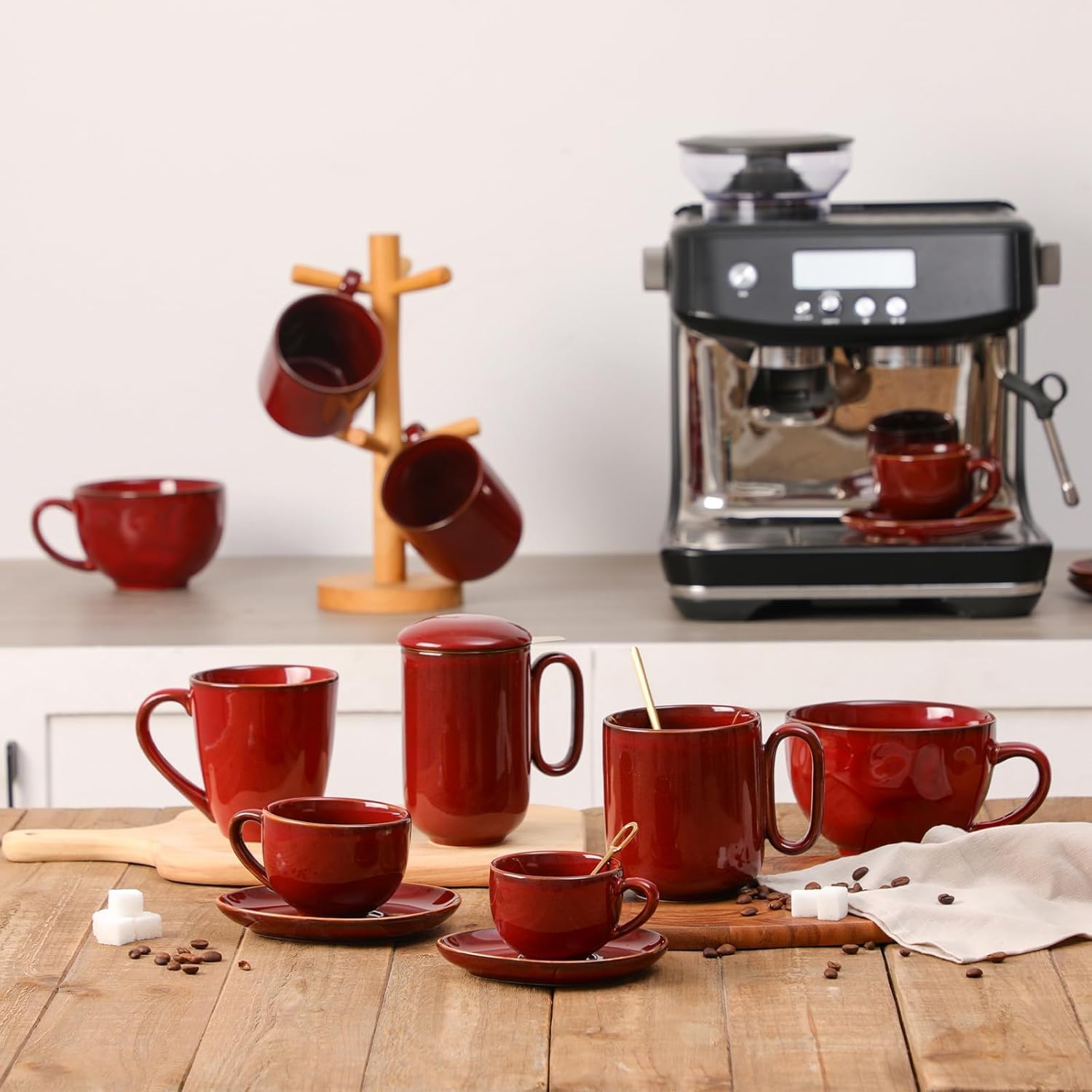 vicrays 6.5 oz Cappuccino Cups with Saucers, Set of 4, Ceramic Coffee Cup for Au Lait, Double shot, Latte, Cafe Mocha, Tea (Cherry Red)