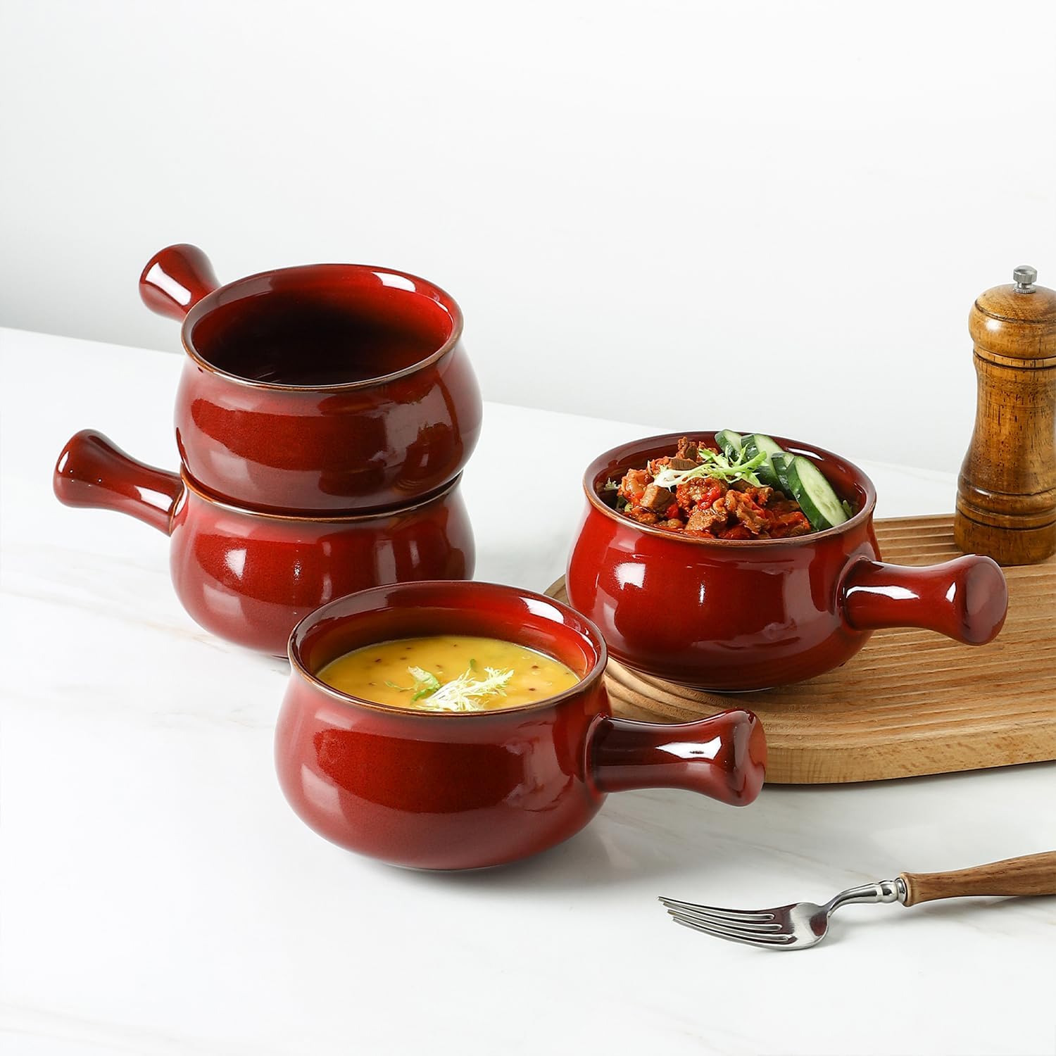 vicrays French Onion Soup Bowls With Handles, 26 Ounce for Soup, Chili, Beef Stew, Chip Resistant, Dishwasher Microwave Safe, Set of 4 (Cherry Red)