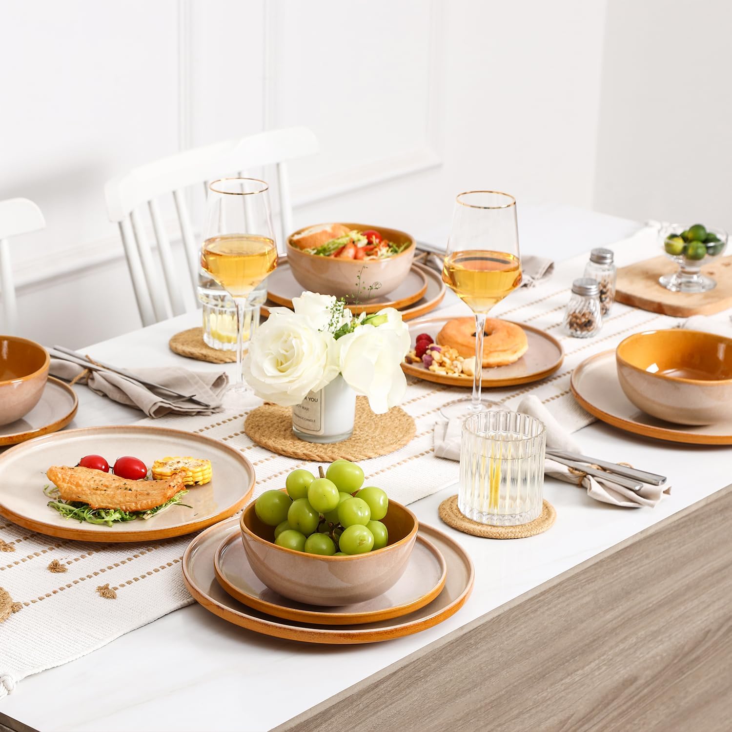 vicrays Ceramic Cereal Bowls Set - Porcelain 26 Ounce Soup Salad Bowls - Rice Dessert Cream Bowls Set - Chip Resistant Dishwasher Microwave Safe - Set of 6 (Beige)