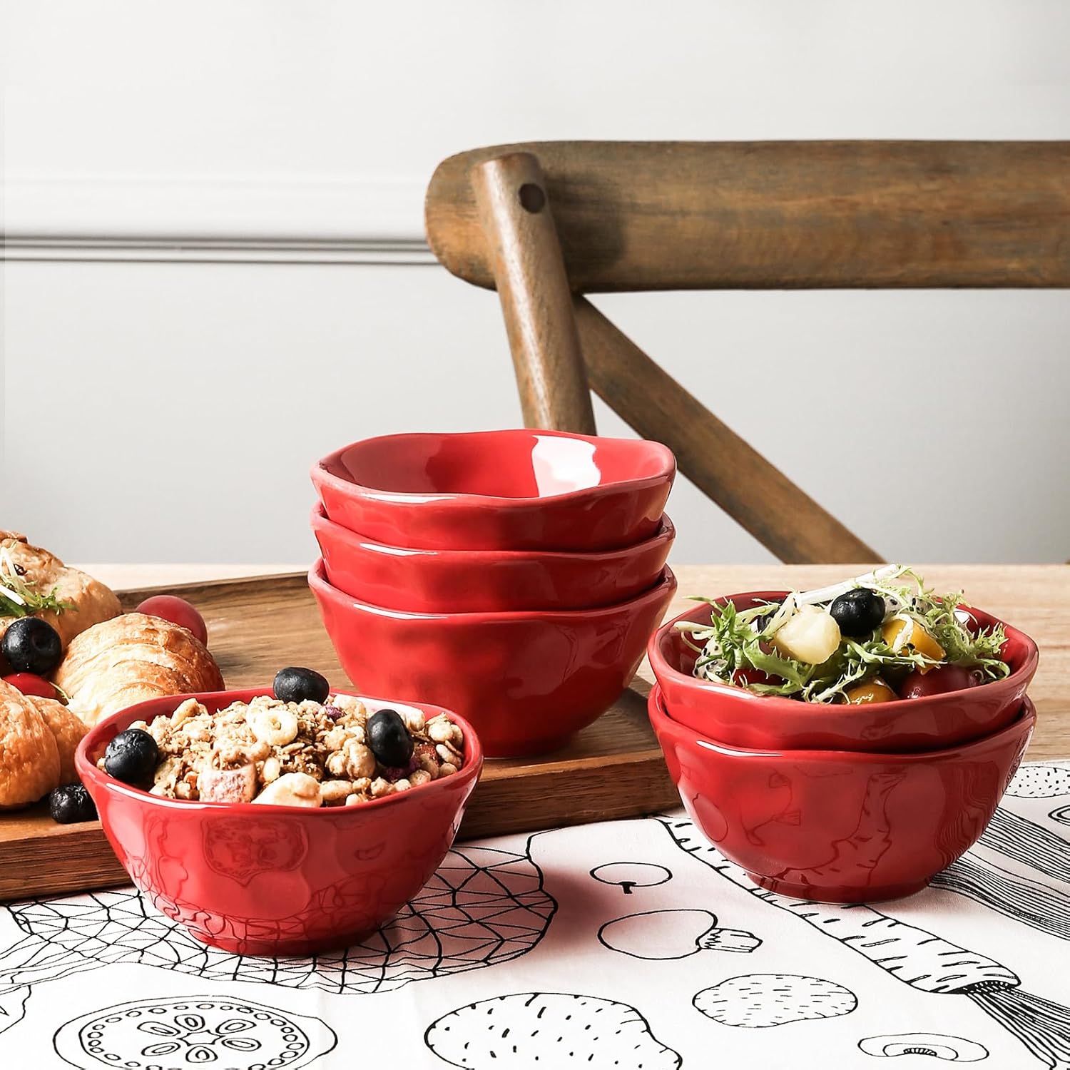 vicrays Ceramic Small Dessert Bowls Set - 10 oz, Set of 6, for Rice, Ice Cream, Soup, Snacks, Cereal, Chili, Side Dishes, Microwave, Oven and Dishwasher Safe, Kitchen Bowls Set, Red
