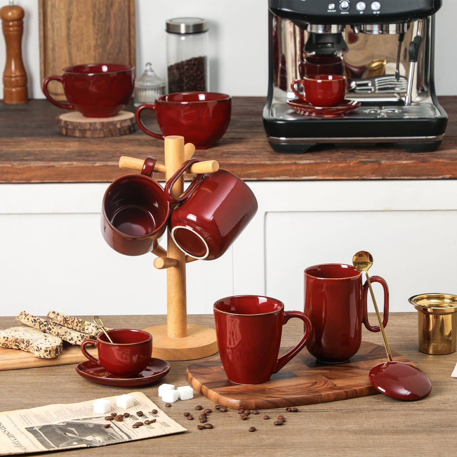 vicrays Ceramic Tea Mug Infuser - Large Cup 16 oz Hot Loose Steeping Handle Teacup with Leaf Infuser Spoon Lid - Tall Glazed Strainer Coffee Mug Microwave Safe - Cherry Red