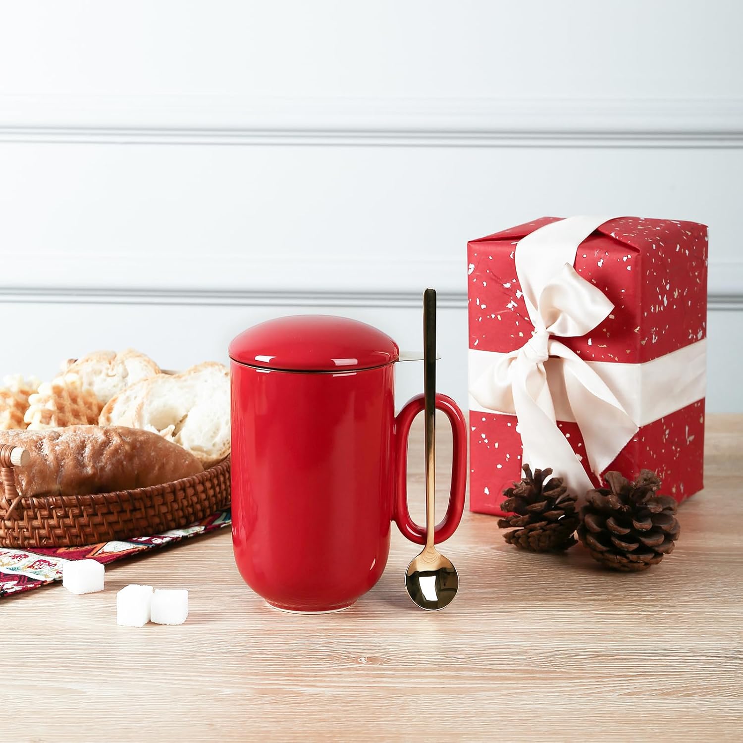 vicrays Ceramic Tea Mug Infuser - Large Cup 16 oz Hot Loose Steeping Handle Teacup with Leaf Infuser Spoon Lid - Tall Glazed Strainer Coffee Mug Microwave Safe - Red