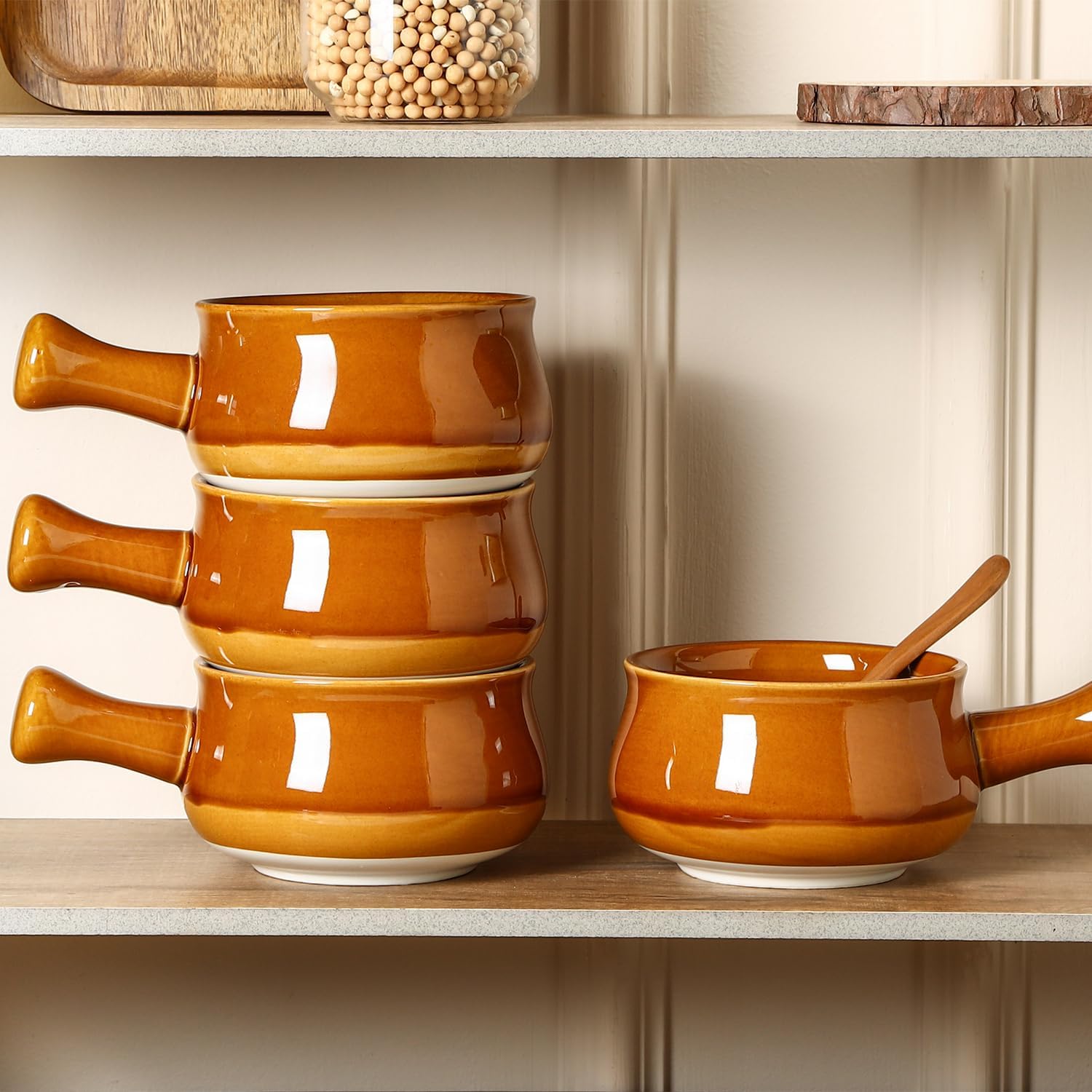 vicrays Französische Zwiebelsuppenschalen mit Griffen, 740 ml für Suppe, Chili, Gulasch, splitterfest, spülmaschinen- und mikrowellengeeignet, 4er-Set (Braun)