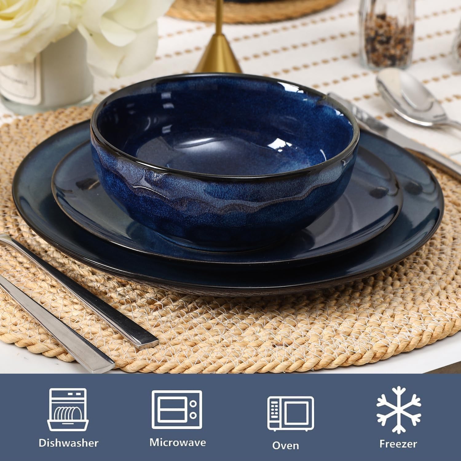 Vicrays 12-Piece Ceramic Dinnerware Set, Dinner Plates, Salad Plates &amp; Cereal Bowls, Dish Set for 4, Microwave, Oven &amp; Dishwasher Safe, Scratch Resistant, Blue