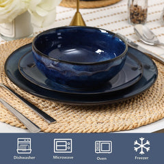 Vicrays 12-Piece Ceramic Dinnerware Set, Dinner Plates, Salad Plates &amp; Cereal Bowls, Dish Set for 4, Microwave, Oven &amp; Dishwasher Safe, Scratch Resistant, Blue