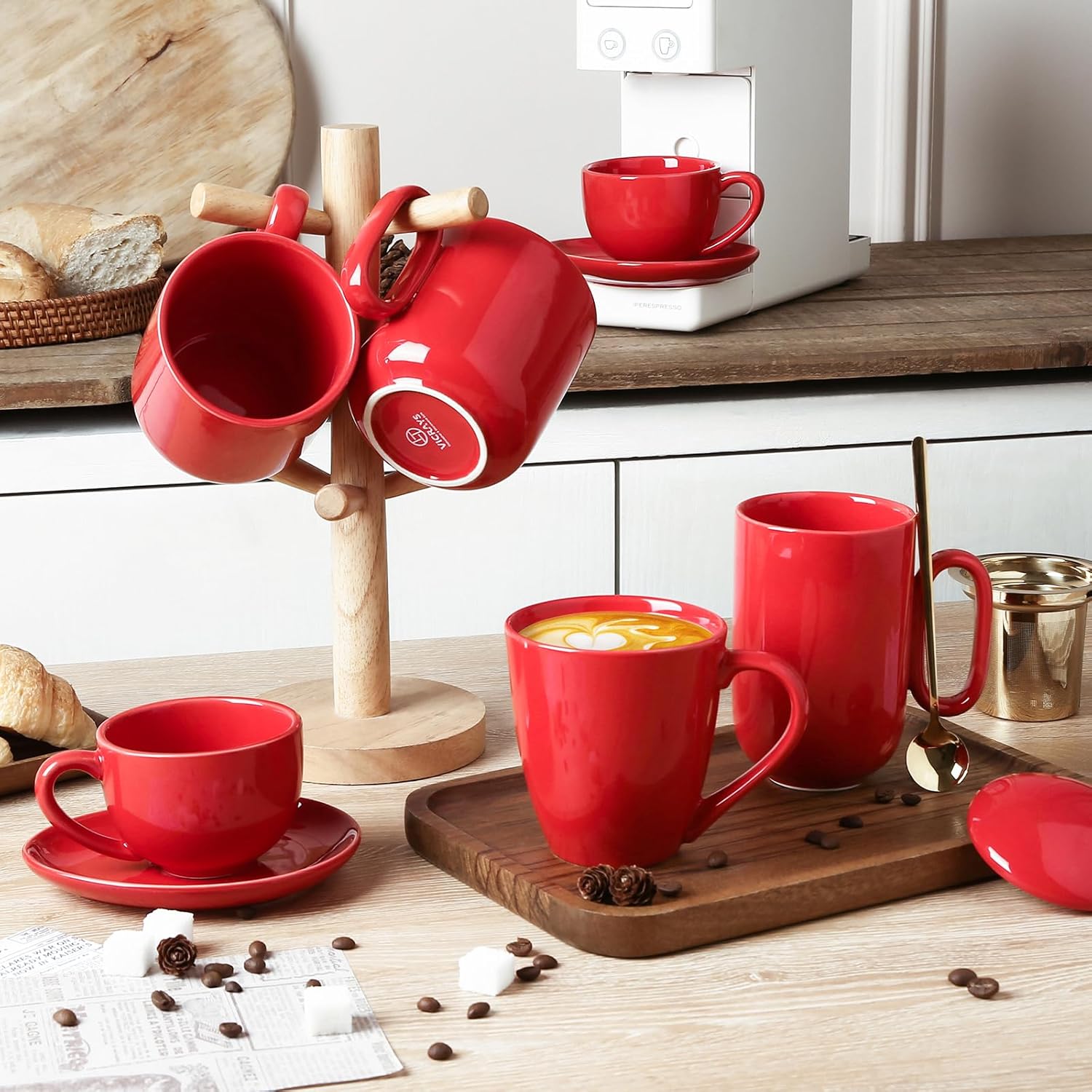 vicrays Ceramic Tea Mug Infuser - Large Cup 16 oz Hot Loose Steeping Handle Teacup with Leaf Infuser Spoon Lid - Tall Glazed Strainer Coffee Mug Microwave Safe - Red