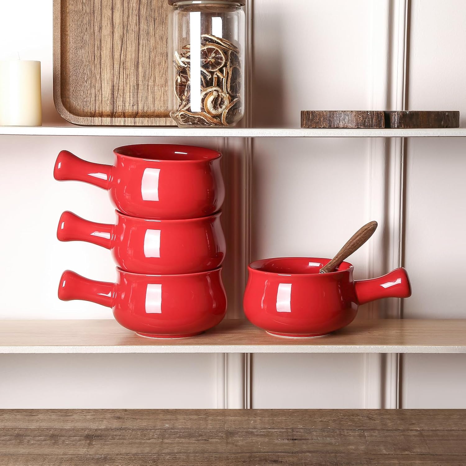 vicrays French Onion Soup Bowls With Handles, 26 Ounce for Soup, Chili, Beef Stew, Chip Resistant, Dishwasher Microwave Safe, Set of 4 (Red)