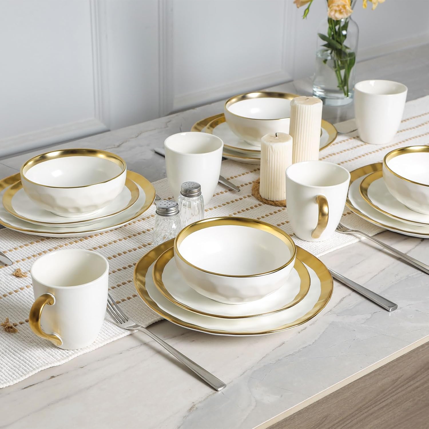 Vicrays 12-Piece Ceramic Dinnerware Set, Dinner Plates, Salad Plates &amp; Cereal Bowls, Dish Set for 4, Microwave, Oven &amp; Dishwasher Safe, Scratch Resistant, White with Golden