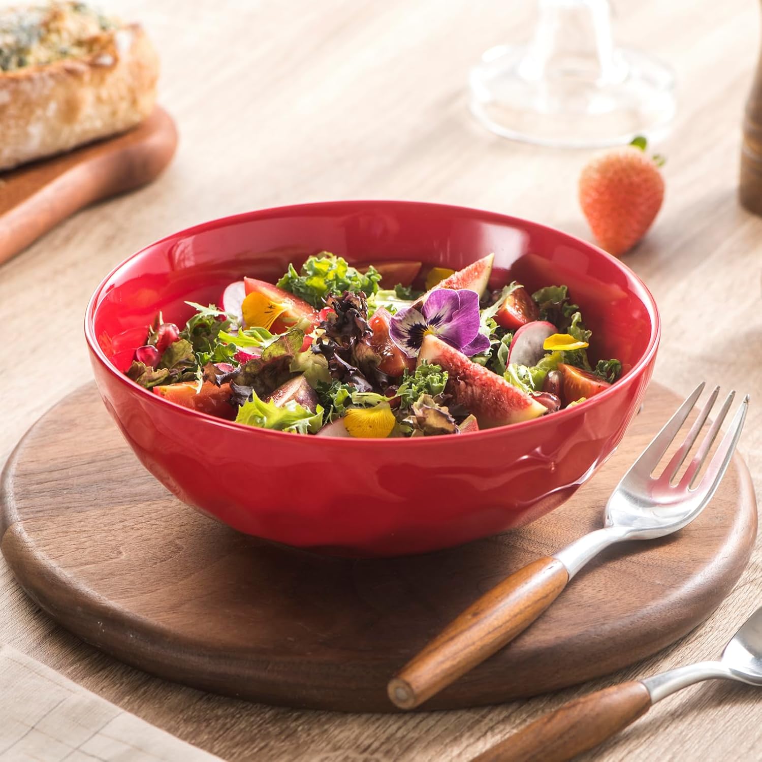 vicrays Ceramic Salad Bowls Set for Kitchen, Serving - 32 Ounce Soup Bowls, Pasta Bowls, Chip Resistant, Dishwasher Microwave Safe, Large, Fluted, stoneware, Set of 6 Red