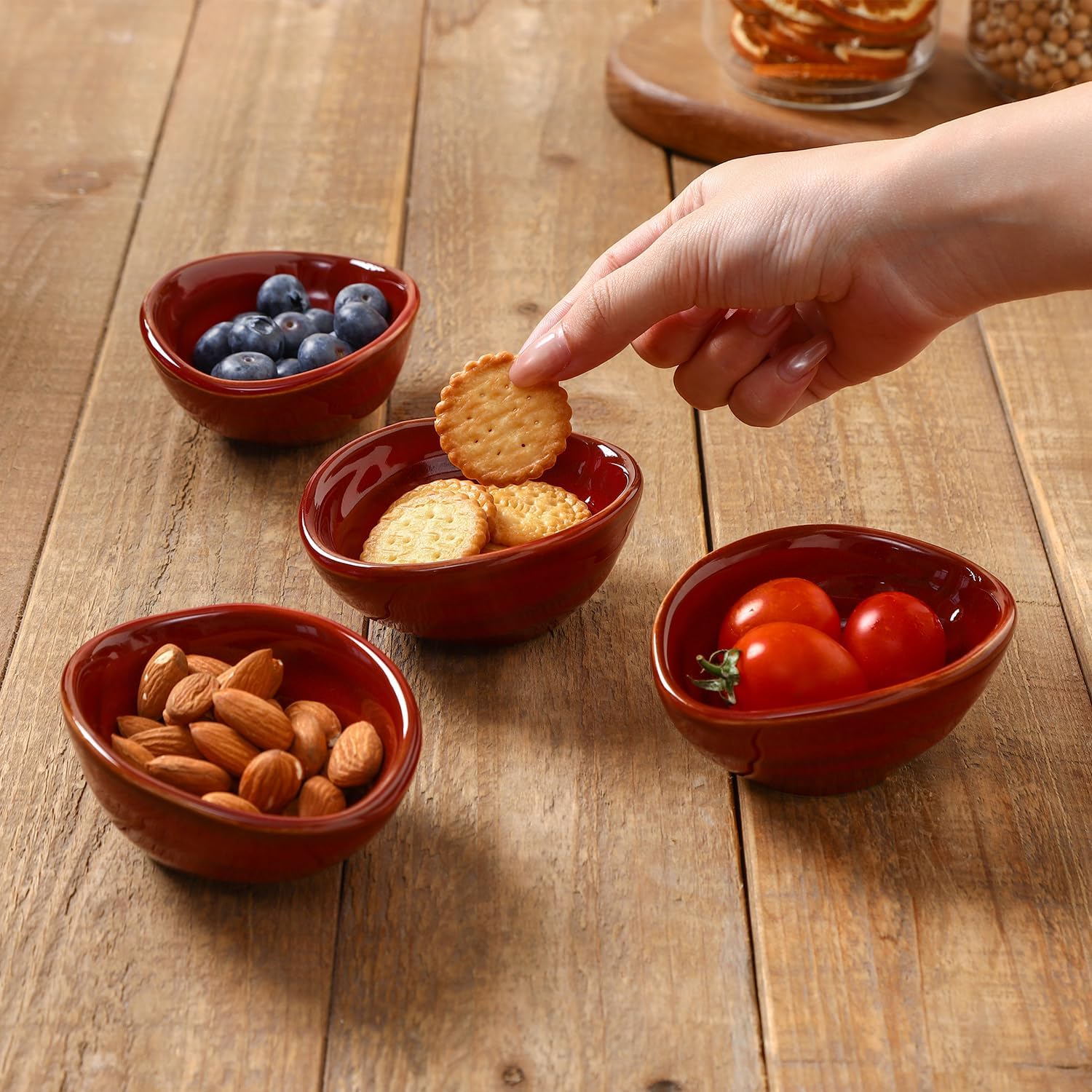 vicrays Ceramic Dipping Sauce Bowls – Small Charcuterie Dip Cups Cooking Prep Condiment Oil Dish Mini Tapas Plates for Soy Sushi Salsas Wasabi Appetizer Dessert - Set of 6 Cherry Red