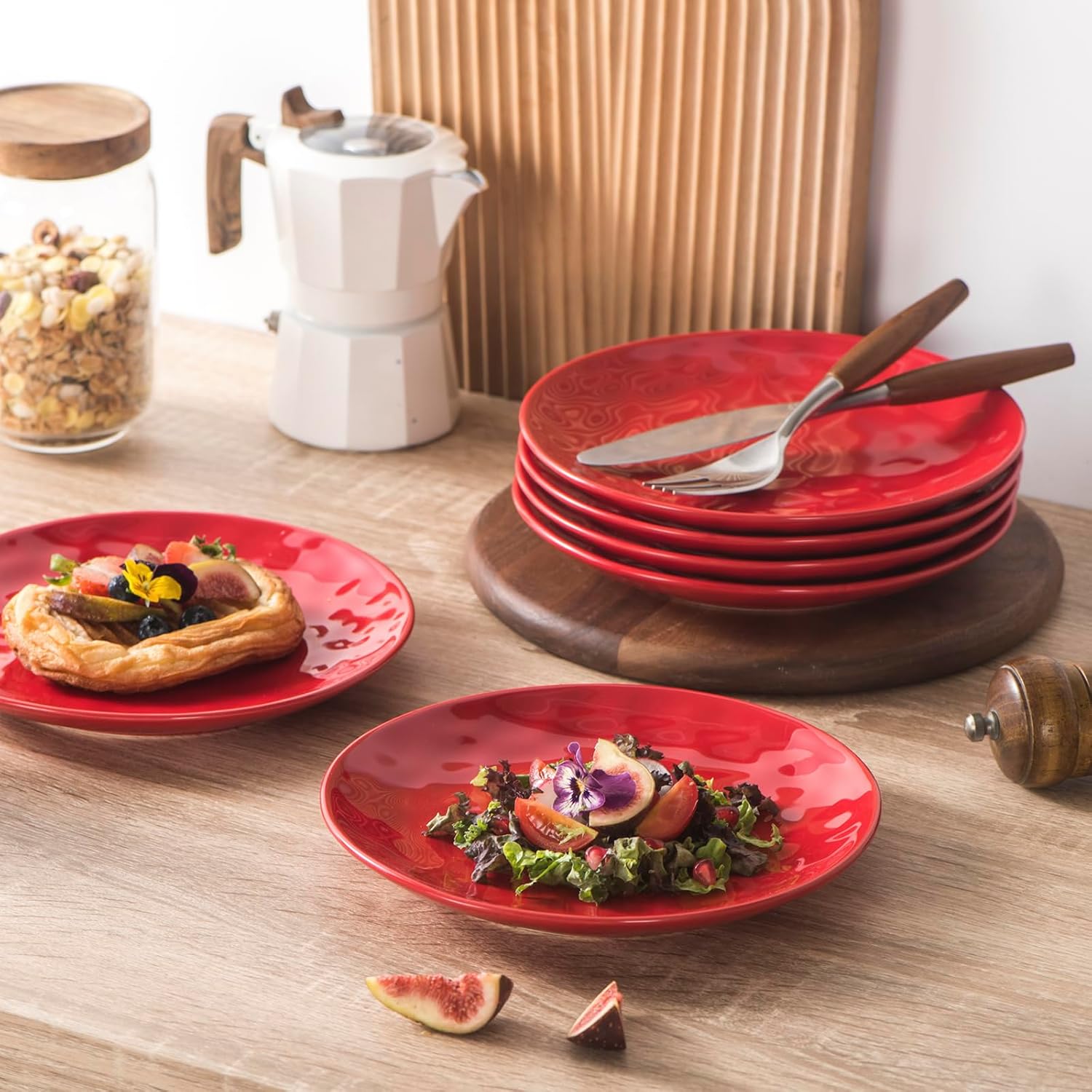 vicrays Ceramic Dessert Salad Plates, 8 Inch, Microwave, Oven, and Dishwasher Safe, Round, Porcelain Fluted Suitable for Snacks, Appetizer, Home, Party, Restaurant - Set of 6 Red