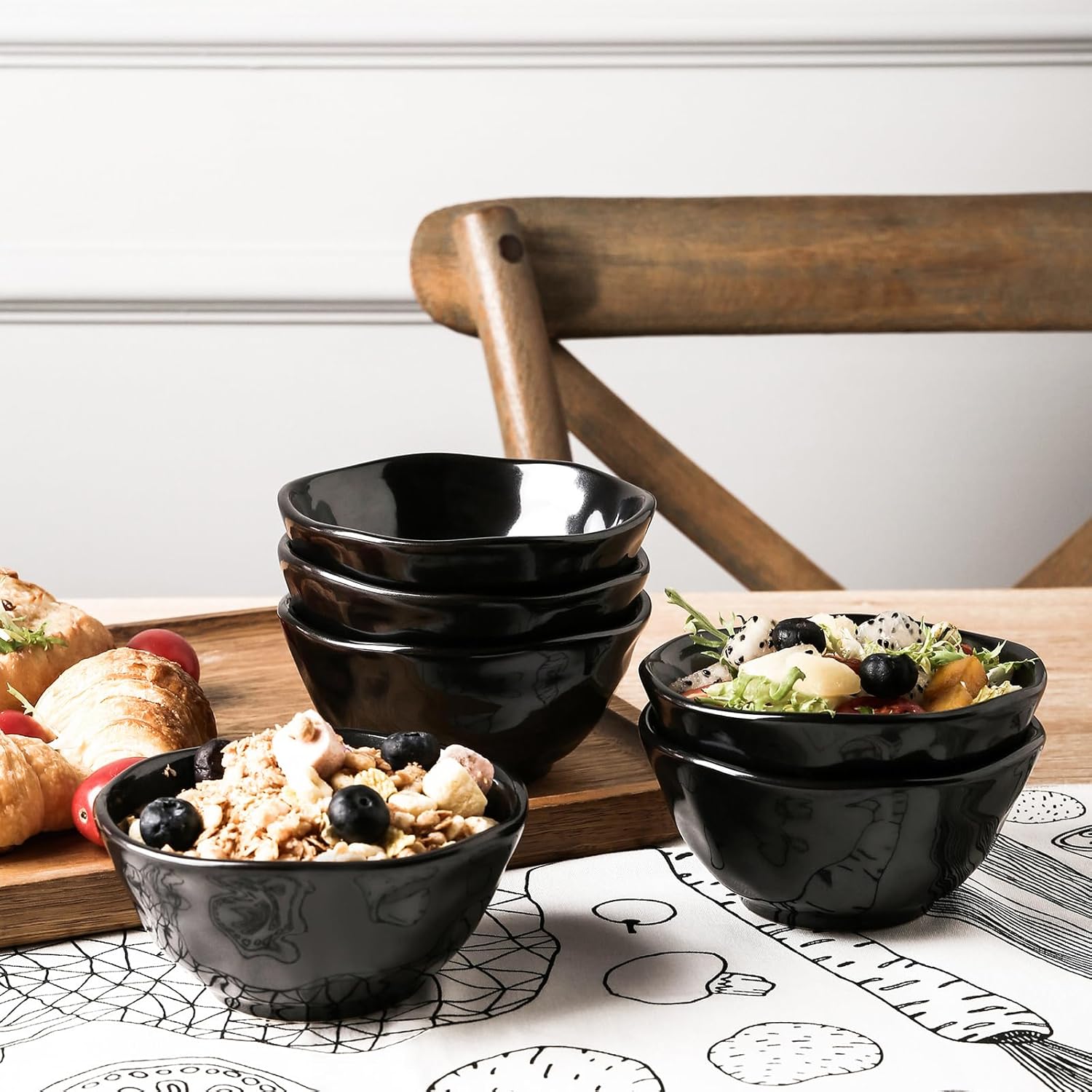 vicrays Ceramic Small Dessert Bowls Set - 10 oz, Set of 6, Microwave, Oven and Dishwasher Safe, for Rice, Ice Cream, Soup, Snacks, Cereal, Chili, Side Dishes etc, Kitchen Bowls Set, Black