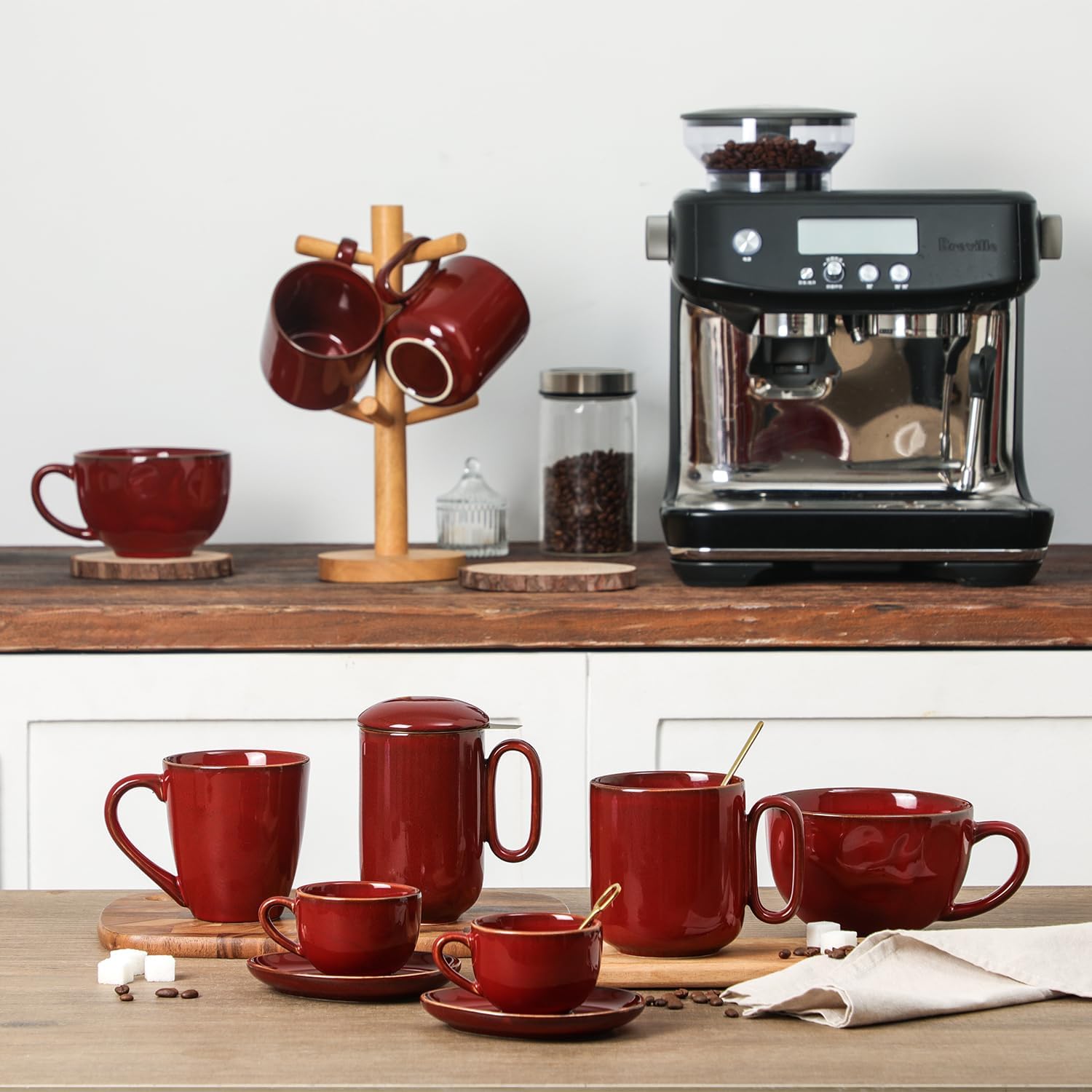 vicrays Ceramic Tea Mug Infuser - Large Cup 16 oz Hot Loose Steeping Handle Teacup with Leaf Infuser Spoon Lid - Tall Glazed Strainer Coffee Mug Microwave Safe - Cherry Red