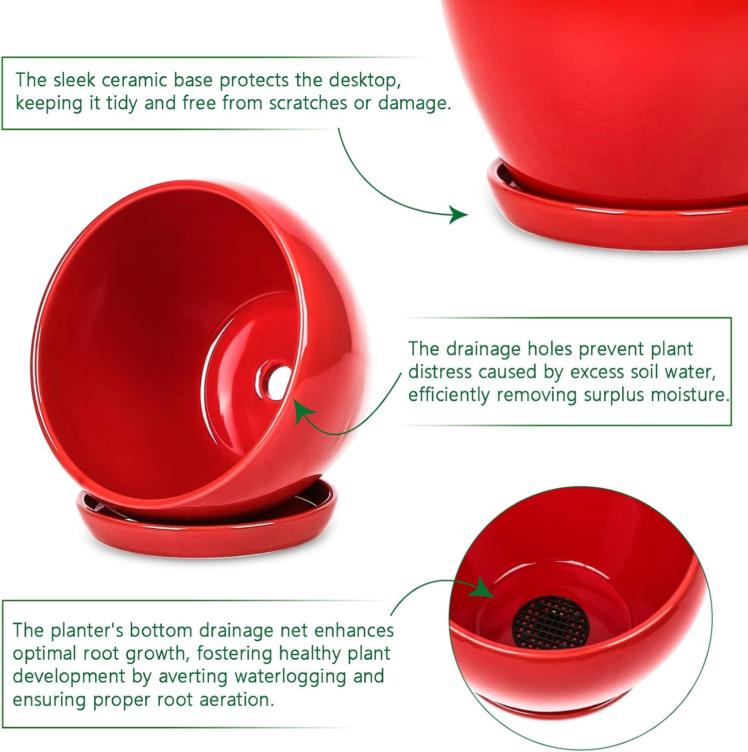 vicrays Ceramic Plant Pots Indoor - 6.5 Inch Planter Pot with Drainage Hole and Saucer for Succulent Orchid Flower Herbs Cactus - Ideal for Gardening Home Desktop Office Decor - Red