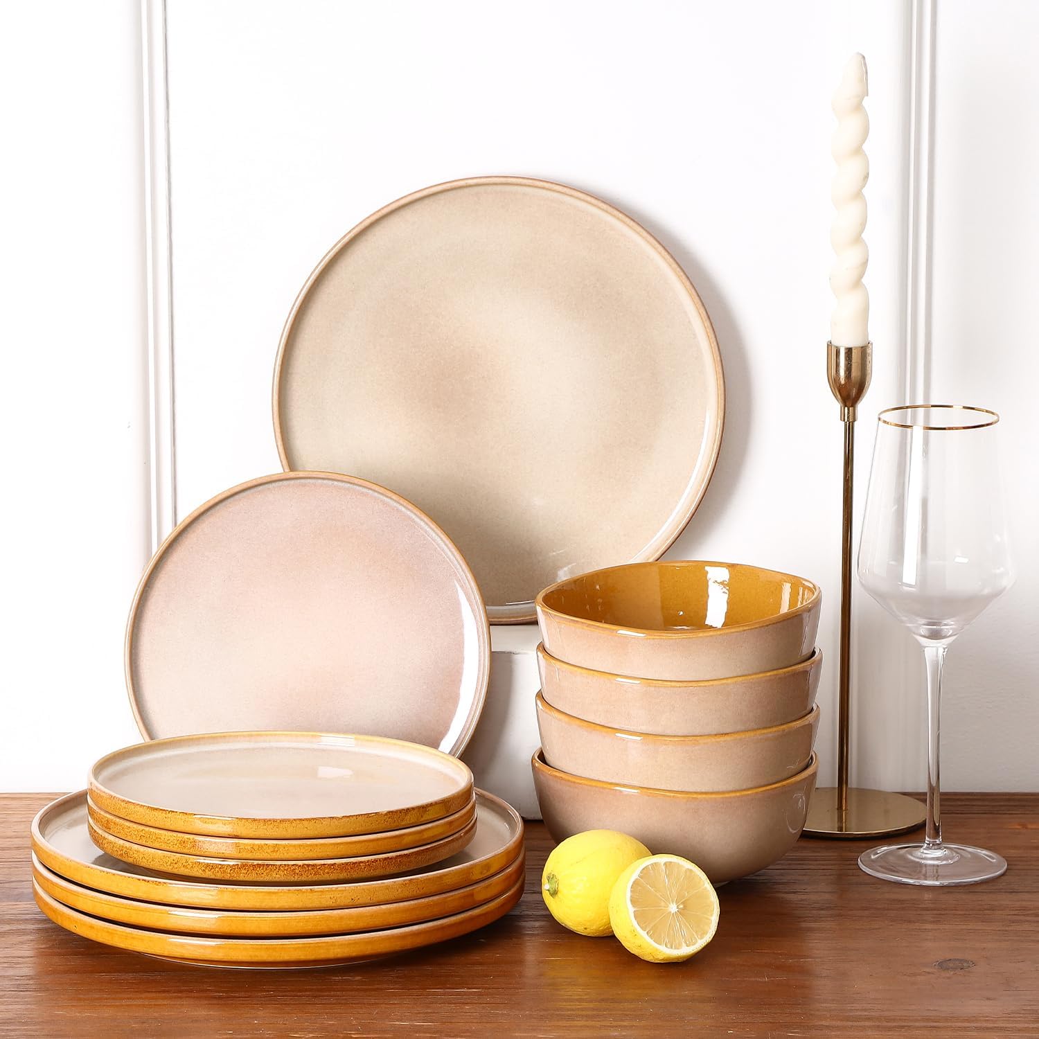 vicrays Ceramic Dinner Plates Set - Porcelain 10 Inch Flat Steak Pasta Pizza Plate Home Party Restaurant Plate Scratch Resistant Microwave Oven and Dishwasher Safe Set of 6 Beige
