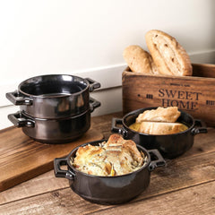 vicrays Ceramic Soup Bowls with Handles, 24 Oz Porcelain Soup Crocks for French Onion Soup, Cereal, Beef Stew, Chill, Pasta, Pot Pies, Microwave and Oven Safe, Set of 4 (Black)