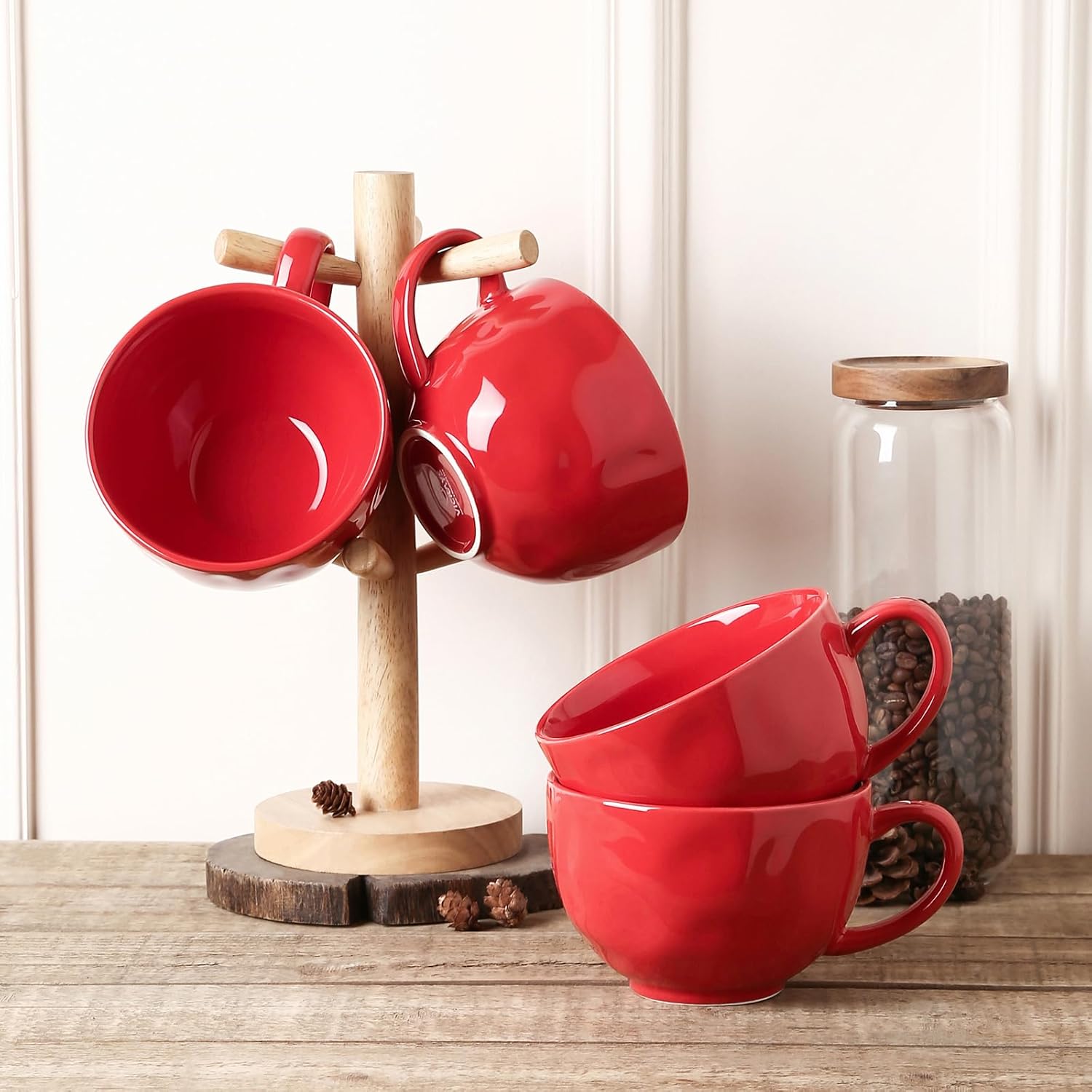 vicrays Jumbo Soup Mug Coffee Large - 27 oz Ceramic Wide Oversized Extra Big Handle Bowls Latte Friends Mug Set Gaint Cereal Oatmeal Cappuccino Cup Set of 4 - Red