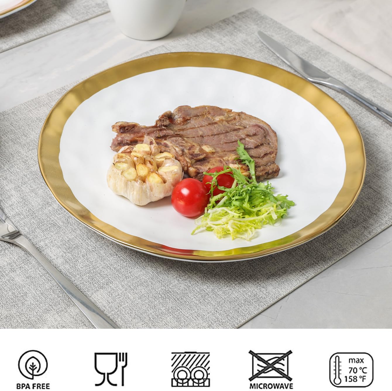 vicrays Ceramic Dinner Plates Set, 10 Inch, Set of 6, Round, Dishwasher Safe, NOT Microwave Safe, Suitable for Steak, Pasta, Home, Party, Restaurant（White with Golden）