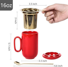 vicrays Ceramic Tea Mug Infuser - Large Cup 16 oz Hot Loose Steeping Handle Teacup with Leaf Infuser Spoon Lid - Tall Glazed Strainer Coffee Mug Microwave Safe - Red