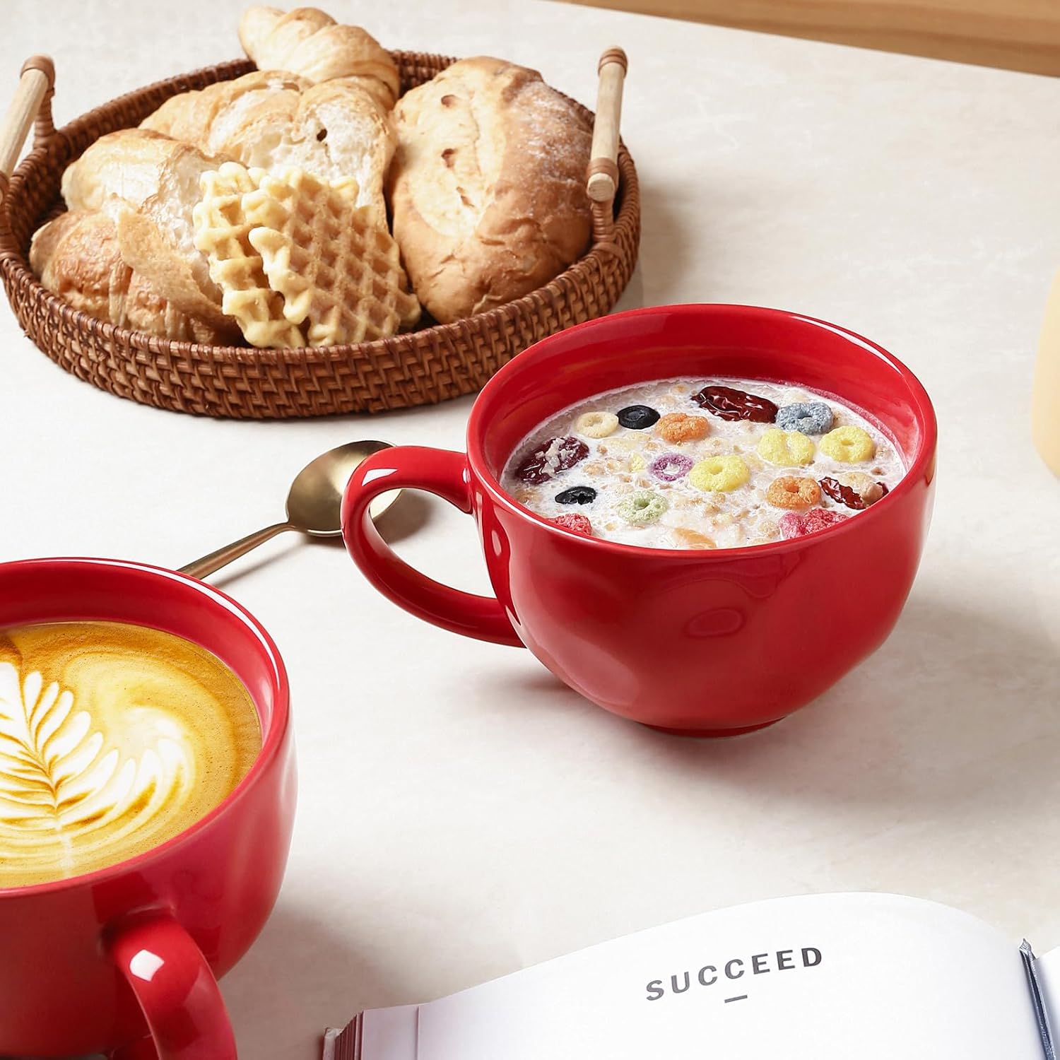 vicrays Jumbo Soup Mug Coffee Large - 27 oz Ceramic Wide Oversized Extra Big Handle Bowls Latte Friends Mug Set Gaint Cereal Oatmeal Cappuccino Cup Set of 4 - Red