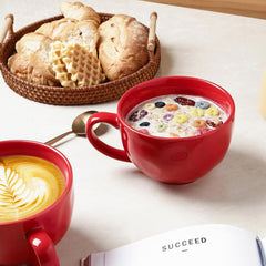 vicrays Jumbo Soup Mug Coffee Large - 27 oz Ceramic Wide Oversized Extra Big Handle Bowls Latte Friends Mug Set Gaint Cereal Oatmeal Cappuccino Cup Set of 4 - Red