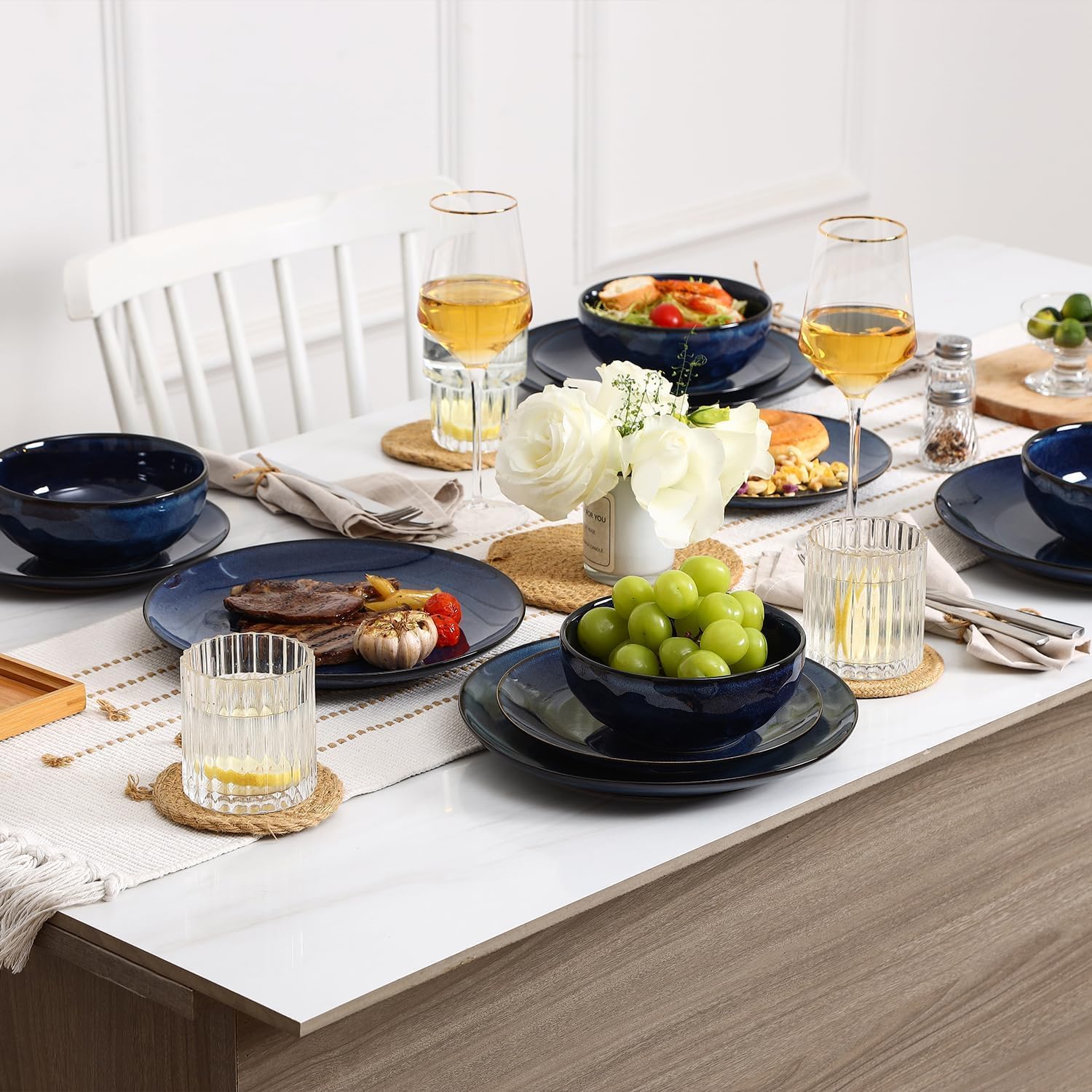 Vicrays 12-Piece Ceramic Dinnerware Set, Dinner Plates, Salad Plates &amp; Cereal Bowls, Dish Set for 4, Microwave, Oven &amp; Dishwasher Safe, Scratch Resistant, Blue