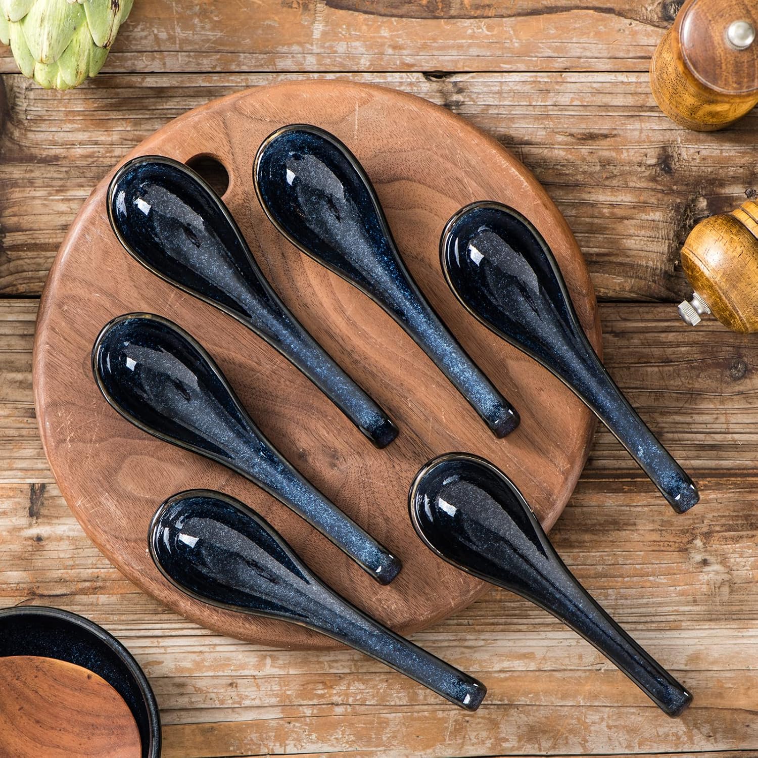 Vicrays Ceramic Soup Spoons Asian - Chinese Porcelain Soup Spoons Japanese 6.4 inch Ladle Serving Utensils for Ramen Dumplings Wonton Pho Miso Noodle Cereal Coffee Mugs - Set of 6 Blue
