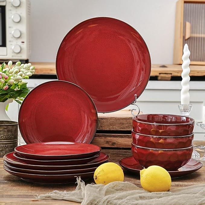 vicrays Ceramic Round Plates Set of 6 - Porcelain 10 inch Dinner Plates for Salad Dessert Appetizer Bread - Microwave Oven and Dishwasher Safe Cherry Red