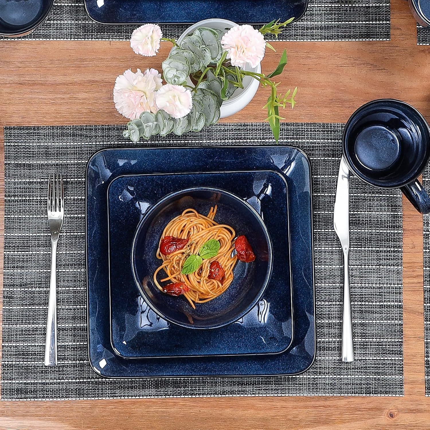 vicrays Ceramic Square Plates Set of 6 - Porcelain 8 inch Dinner Plates for Salad Dessert Appetizer Bread - Microwave Oven and Dishwasher Safe - Blue