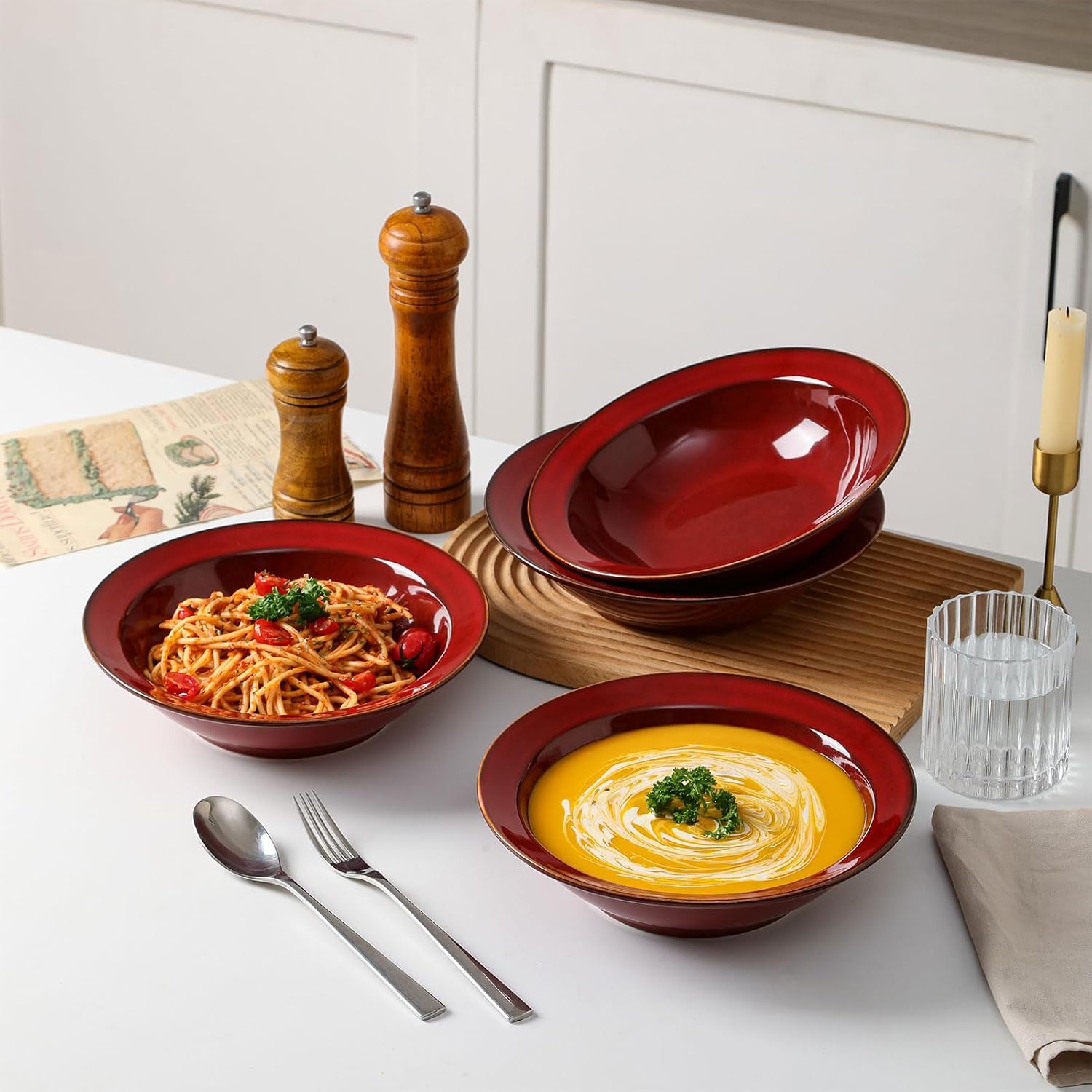 vicrays Wide Rim Soup Bowls - 27oz Ceramic Pasta Plates Bowl Set of 4 for Gumbo Salad Spaghetti Dipping Bread Dishes Home Restaurant Use - Microwave Dishwasher Oven Safe - Cherry Red