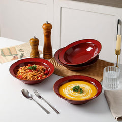 vicrays Wide Rim Soup Bowls - 27oz Ceramic Pasta Plates Bowl Set of 4 for Gumbo Salad Spaghetti Dipping Bread Dishes Home Restaurant Use - Microwave Dishwasher Oven Safe - Cherry Red