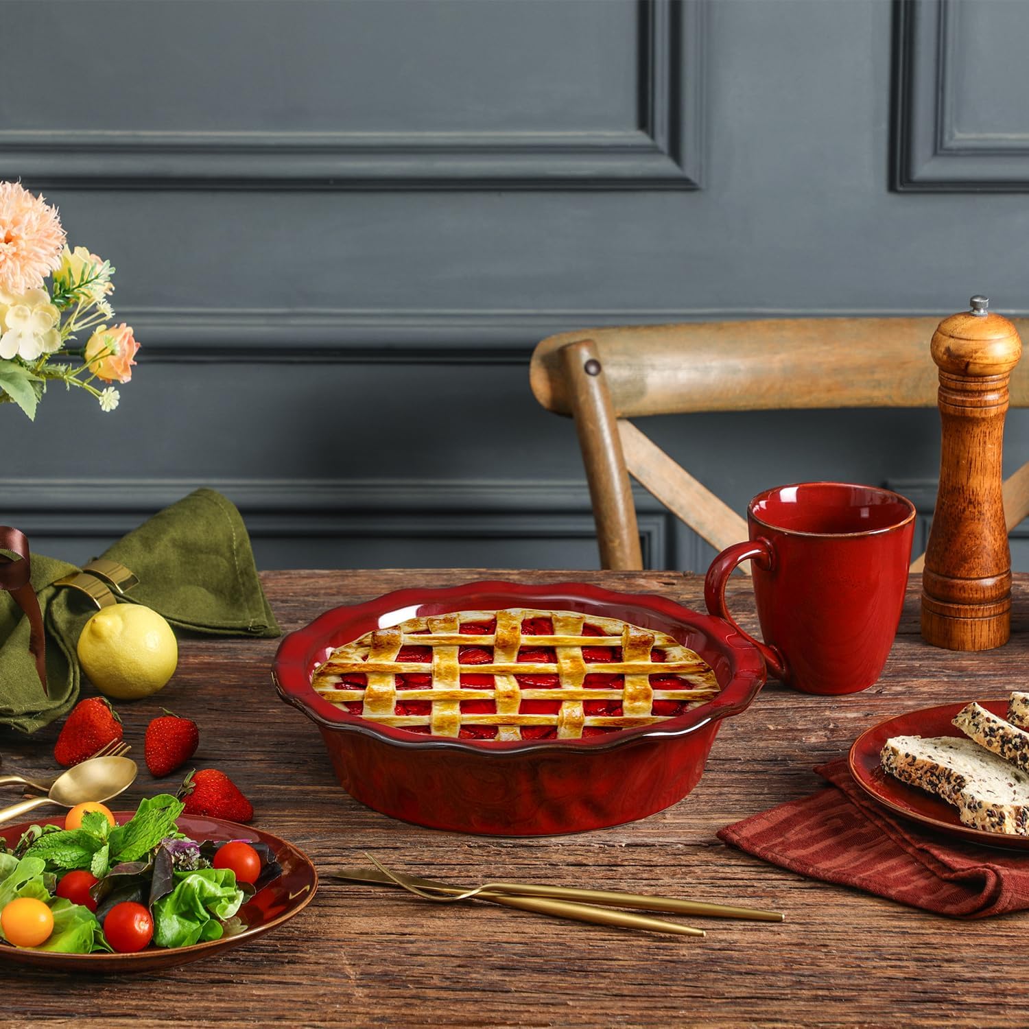 vicrays Ceramic Pie Pan for Baking - 9 inch Pie Plate, Round, Fluted and Deep Pie Dish for Tart, Pizza, Apple Pie, Quiche, Pot Pies, Cake - Reactive Glaze (Cherry Red)
