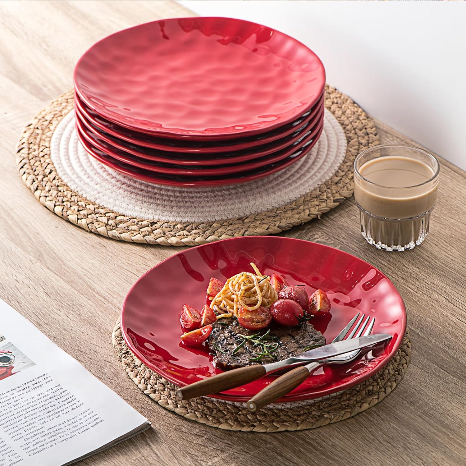 vicrays Ceramic Dinner Plates Set, 10 Inch, Microwave, Oven, Dishwasher Safe, Round, Porcelain Fluted Suitable for Steak, Pasta, Pizza, Home, Restaurant - Set of 6 Red