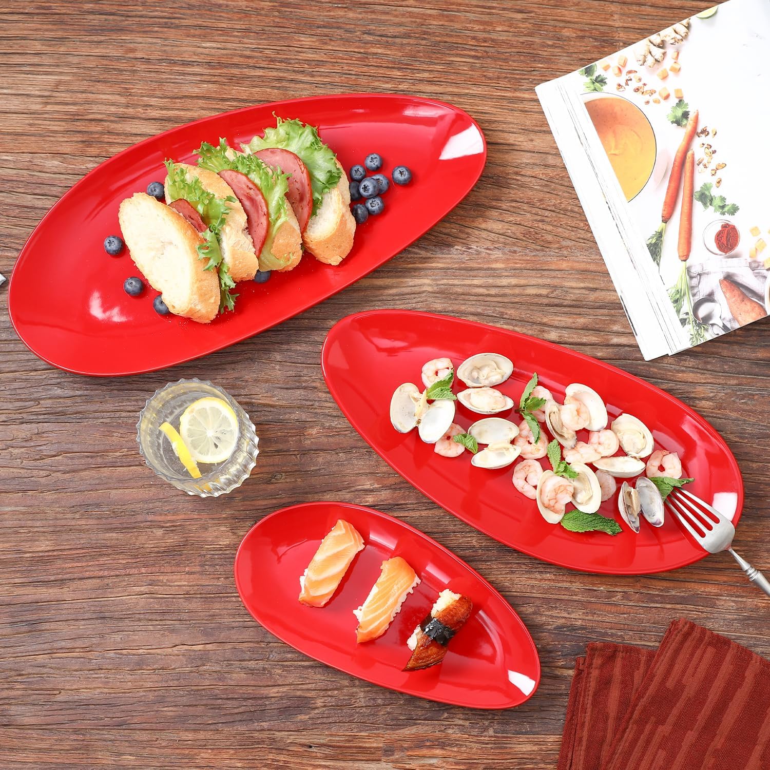 vicrays Large Oval Serving Platters, 16"/14"/10" Porcelain Serving Platters for Party, BBQ,Stackable Serving Trays Serving Plates for Appetizers, Sushi, Restaurant, Dessert, Set of 3 (Red)