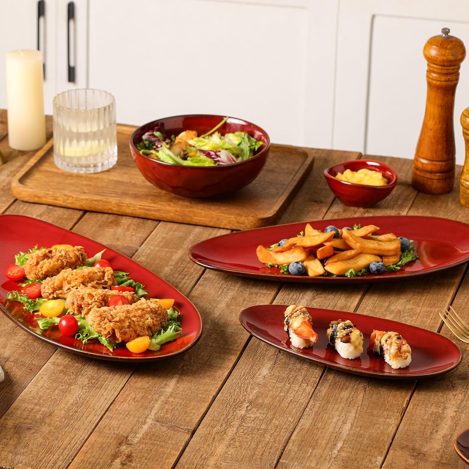 vicrays Large Oval Serving Platters, 16"/14"/10" Porcelain Serving Platters for Party, BBQ,Stackable Serving Trays Serving Plates for Appetizers, Sushi, Restaurant, Set of 3 (Cherry Red)